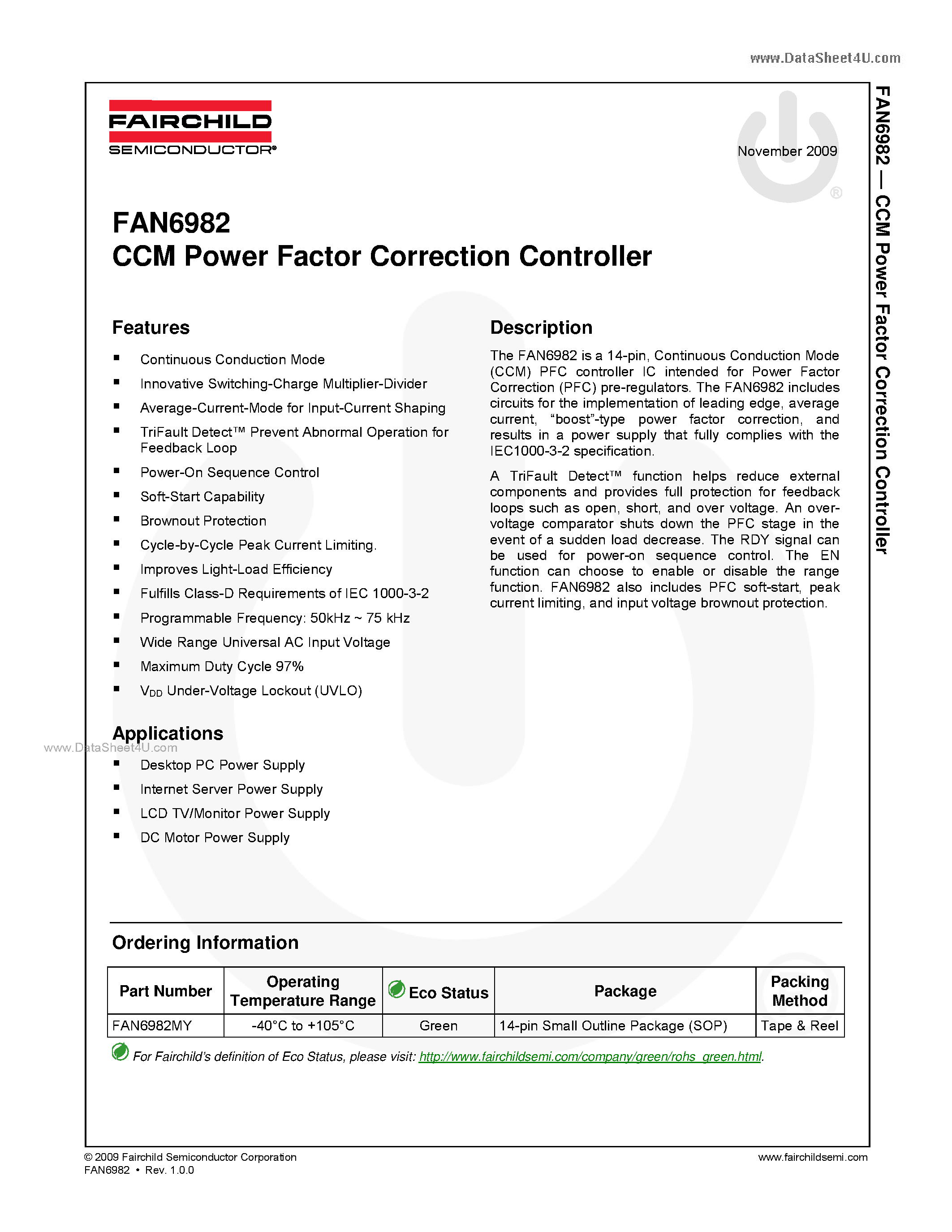Даташит FAN6982 - CCM Power Factor Correction Controller страница 1