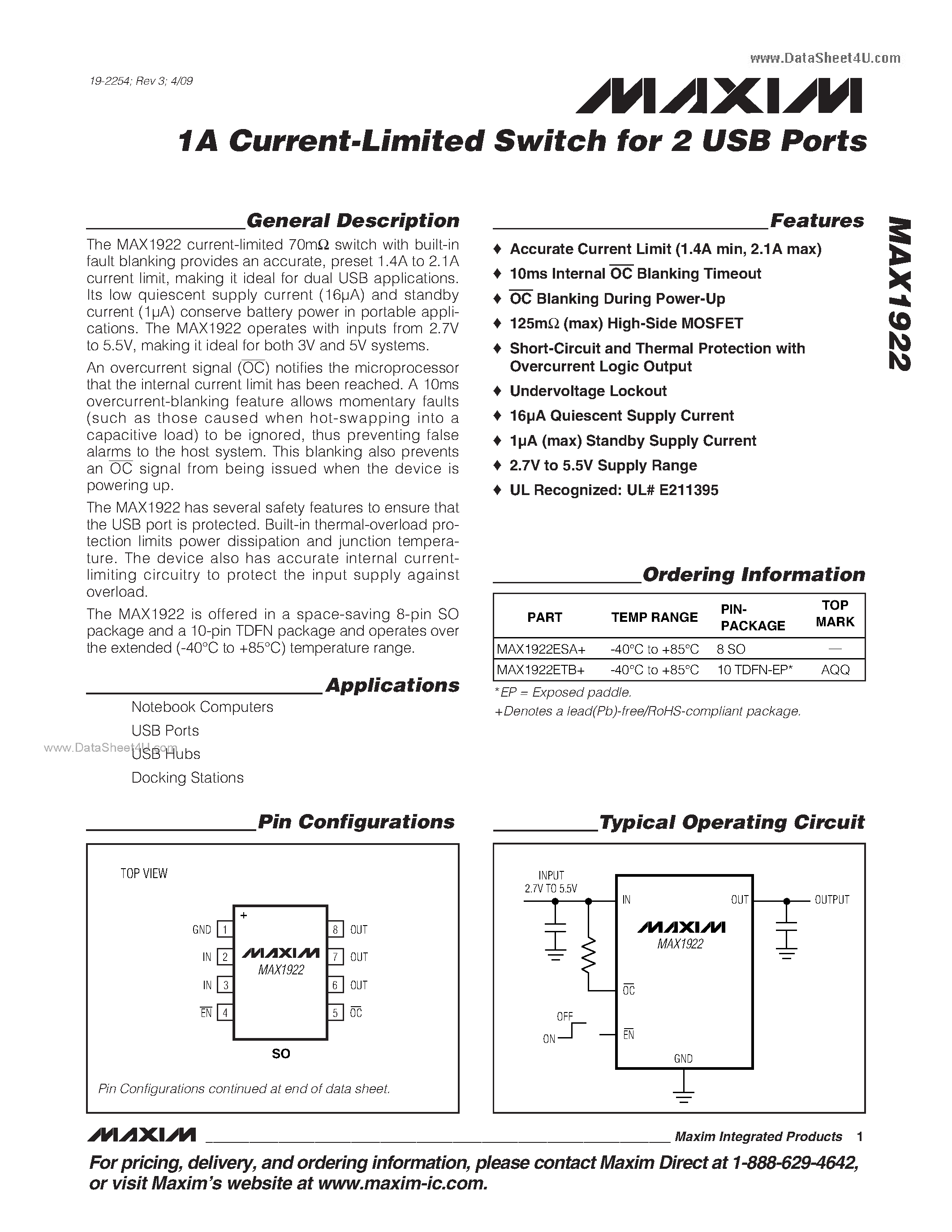 Datasheet MAX1922 page 1 Datasheet MAX1922 - 1A Current-Limited Switch page 1