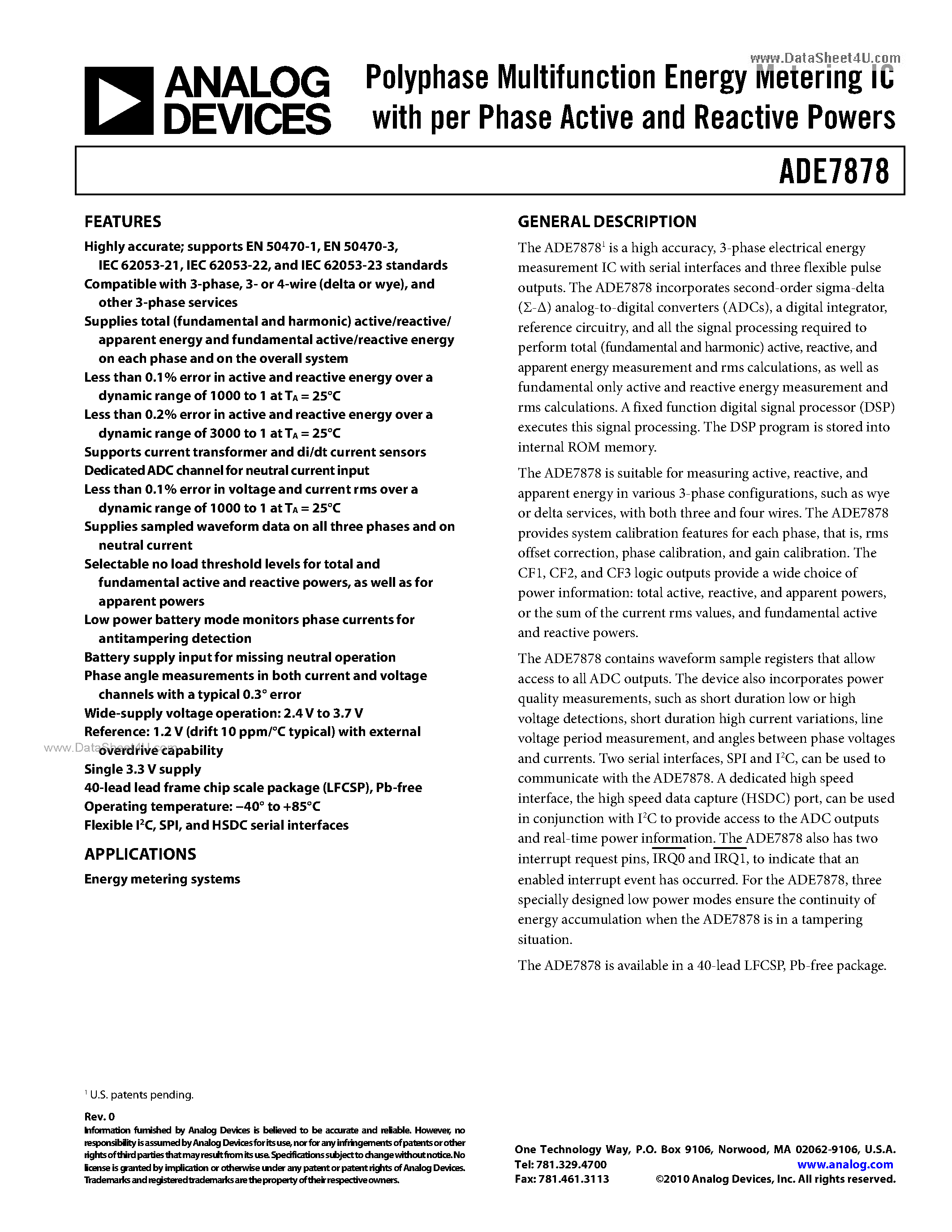 Даташит на микросхему ADE7878 страница 1 Даташит ADE7878 - POLY PHASE MULTIFUNCTION ENERGY METERING IC страница 1