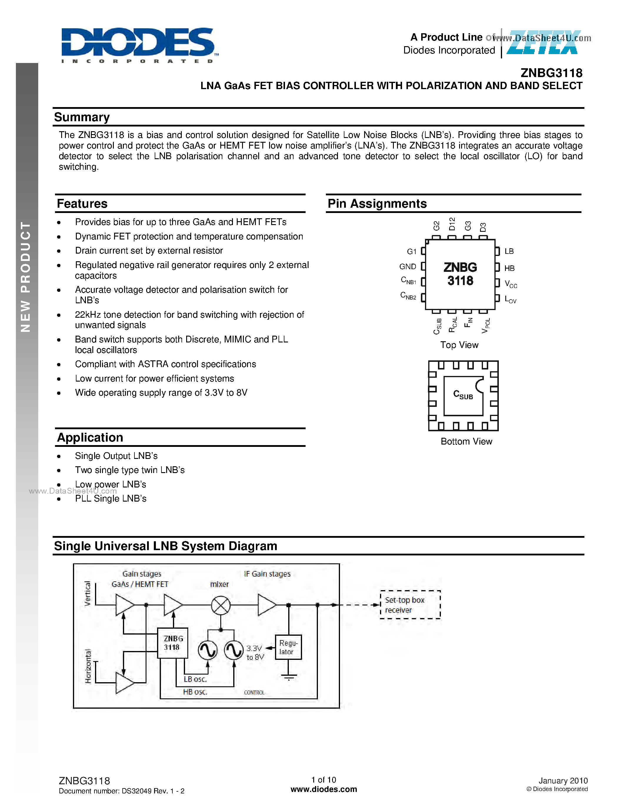 Даташит на микросхему ZNBG3118 страница 1 Даташит ZNBG3118 - A Flexible Bias And Control Solution страница 1