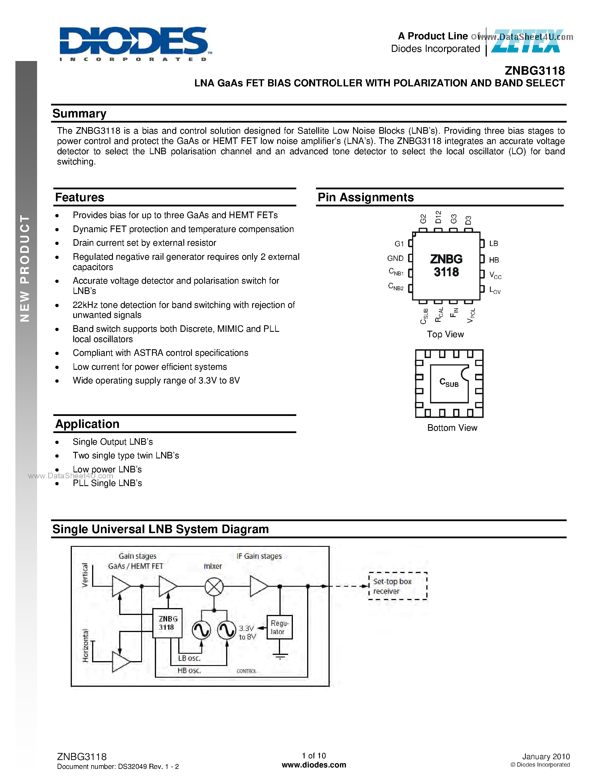 Datasheet ZNBG3118 - A Flexible Bias And Control Solution page 1