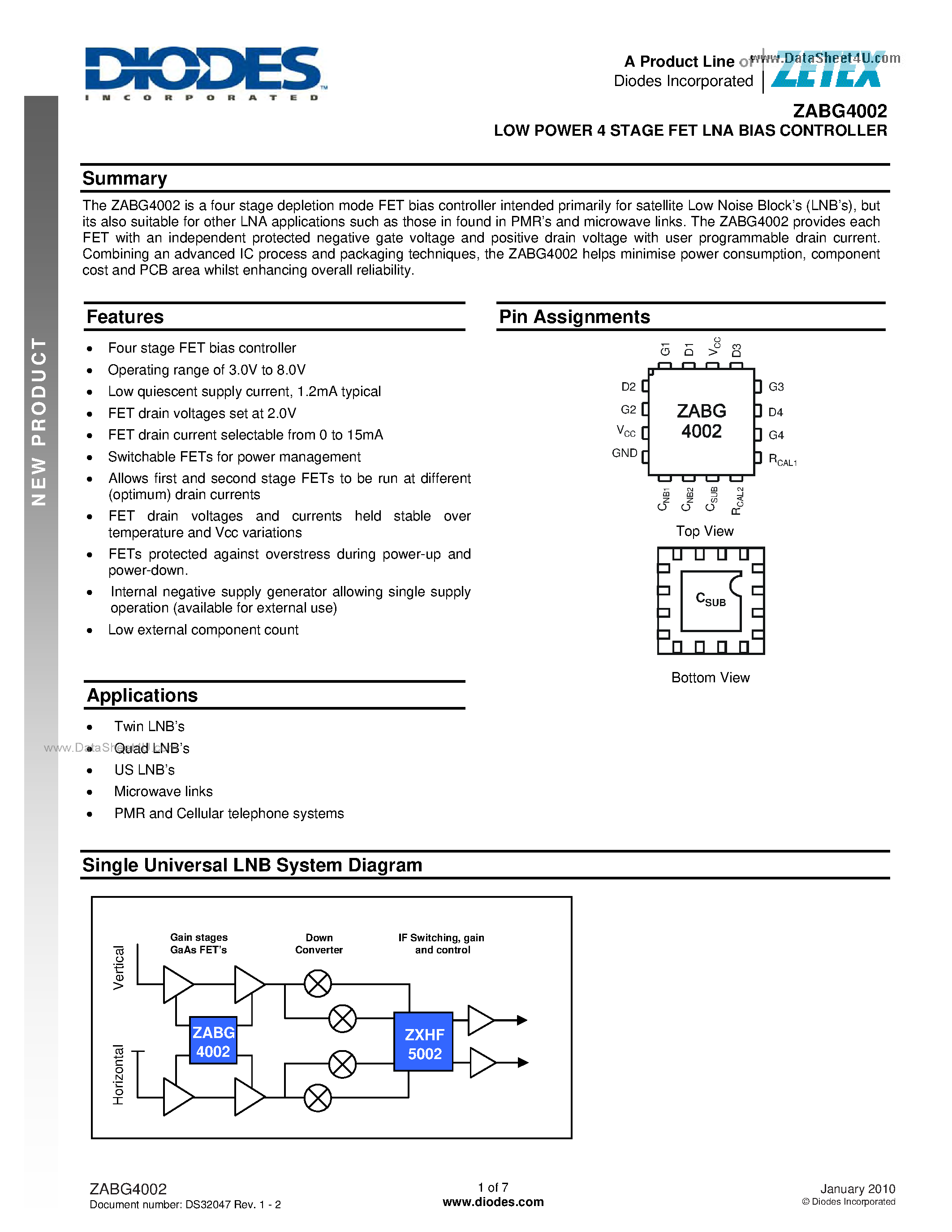 Datasheet ZABG4002 page 1 Datasheet ZABG4002 - Advanced Low Power Four-Stage GaAs FET Bias IC page 1