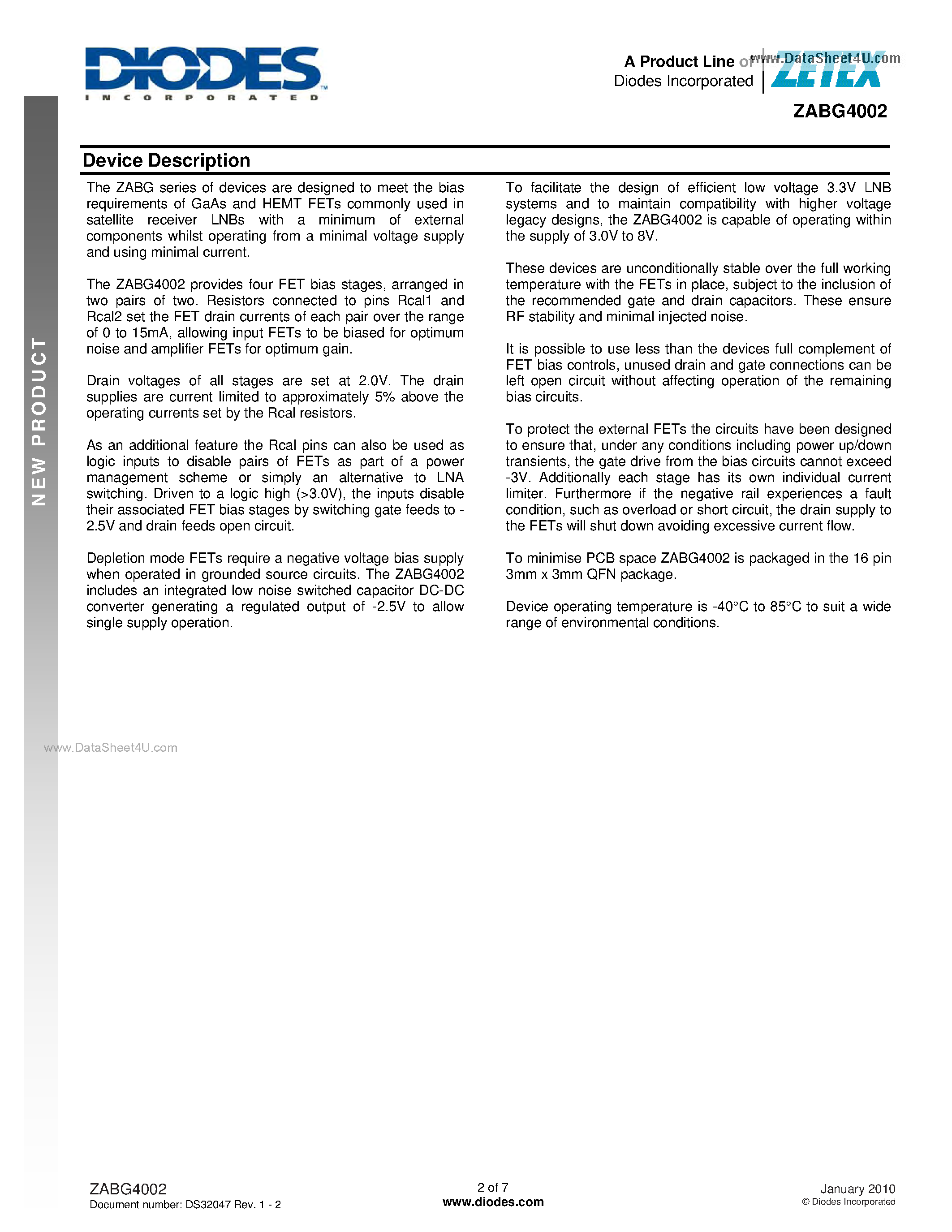 Datasheet ZABG4002 page 2 Datasheet ZABG4002 - Advanced Low Power Four-Stage GaAs FET Bias IC page 2