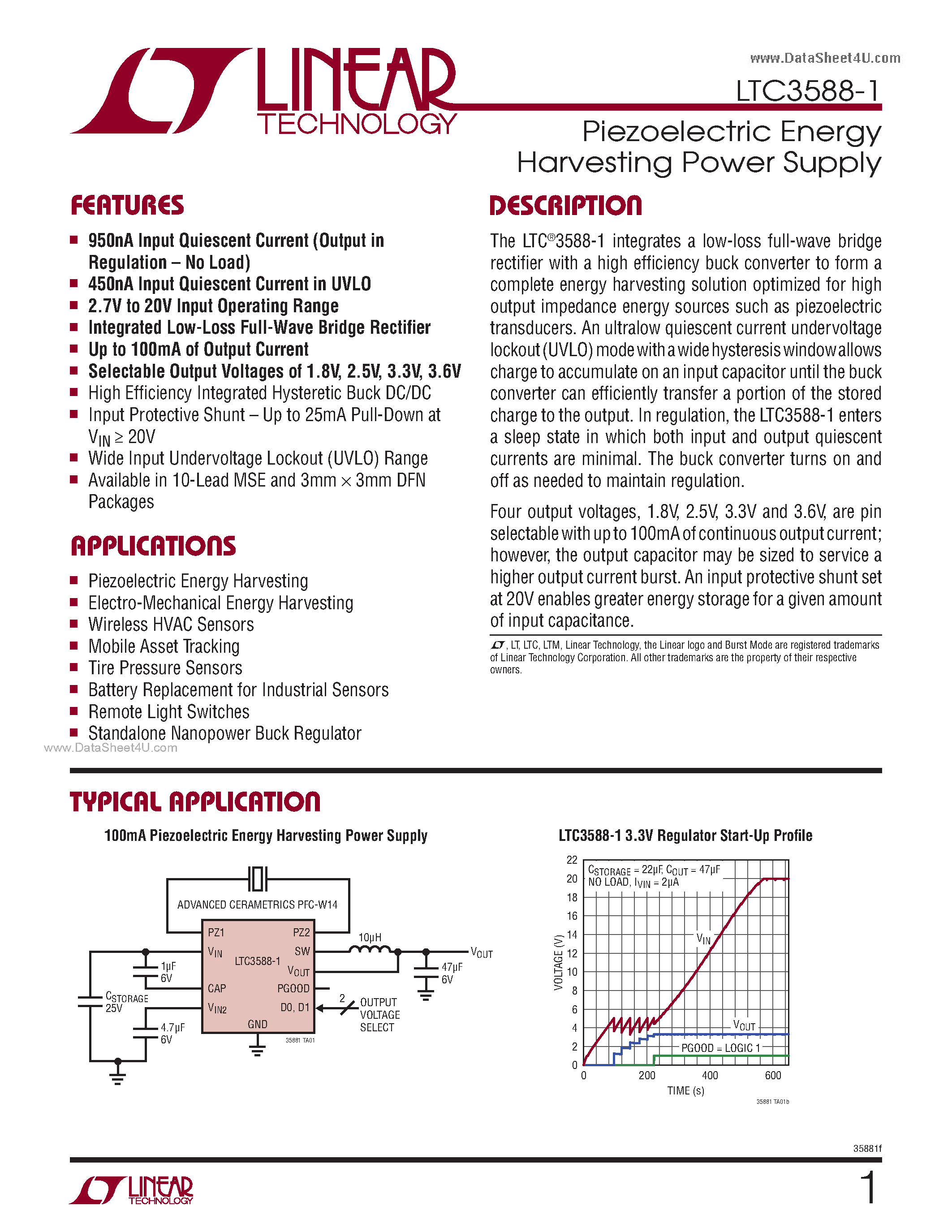 Даташит на микросхему LTC3588-1 страница 1 Даташит LTC3588-1 - Piezoelectric Energy Harvesting Power Supply страница 1