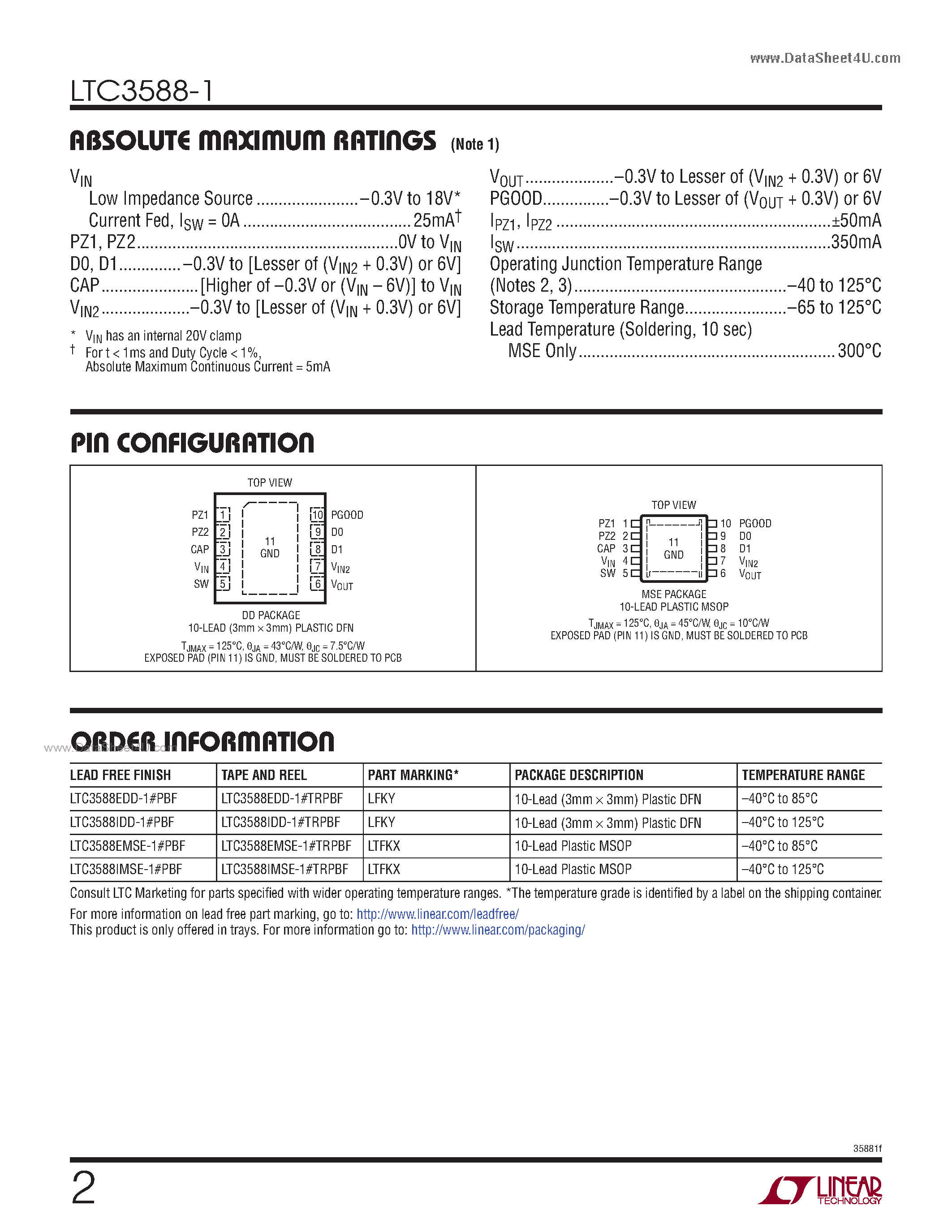 Даташит на микросхему LTC3588-1 страница 2 Даташит LTC3588-1 - Piezoelectric Energy Harvesting Power Supply страница 2