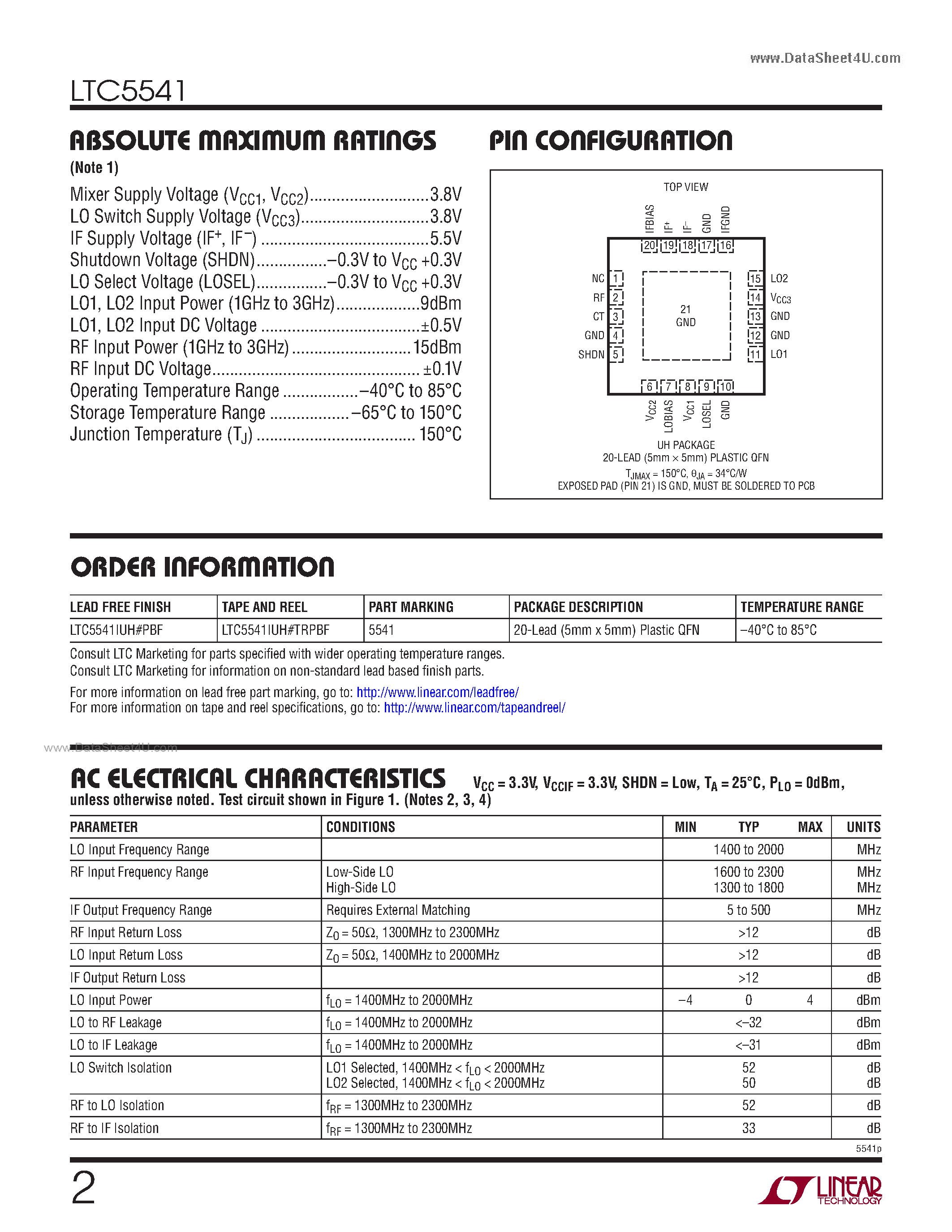 Datasheet LTC5541 - 1.3GHz to 2.3GHz High Dynamic Range Downconverting Mixer page 2