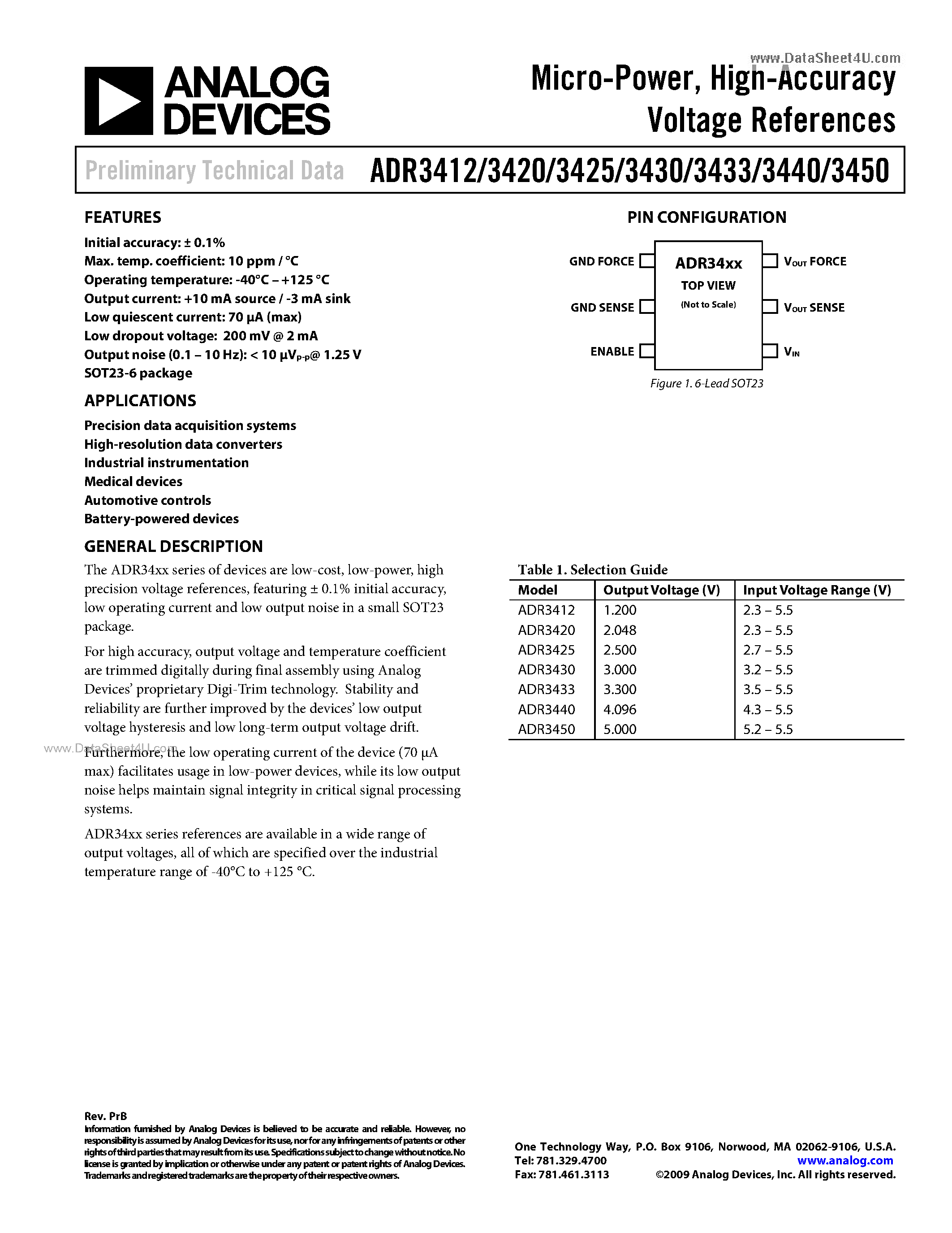Даташит на микросхему ADR3412 страница 1 Даташит ADR3412 - (ADR3412 - ADR3450) HIGH-ACCURACY VOLTAGE REFERENCES страница 1