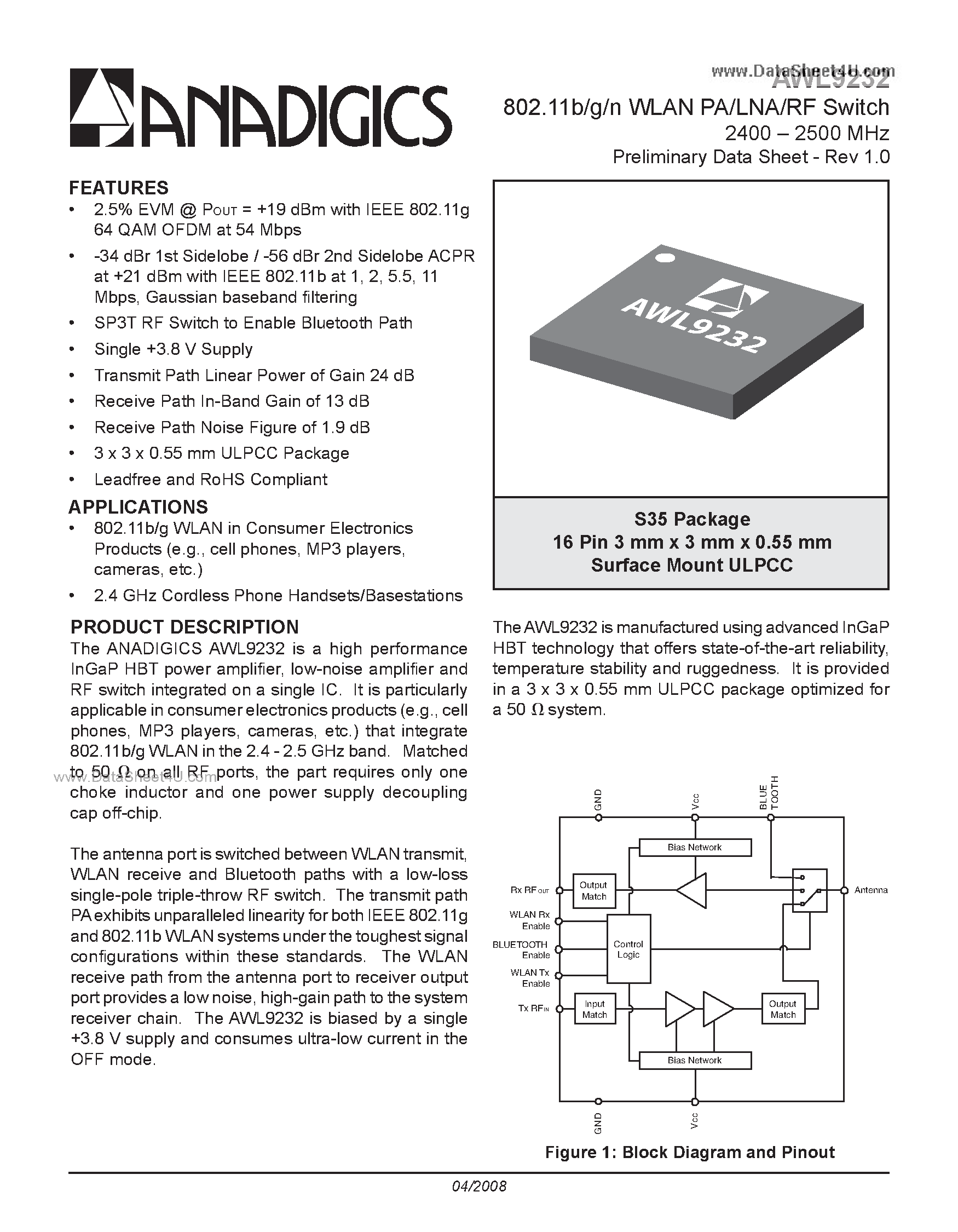 Datasheet AWL9232 page 1 Datasheet AWL9232 - 802.11b/g/n WLAN PA/LNA/RF Switch 2400 - 2500 MHz page 1