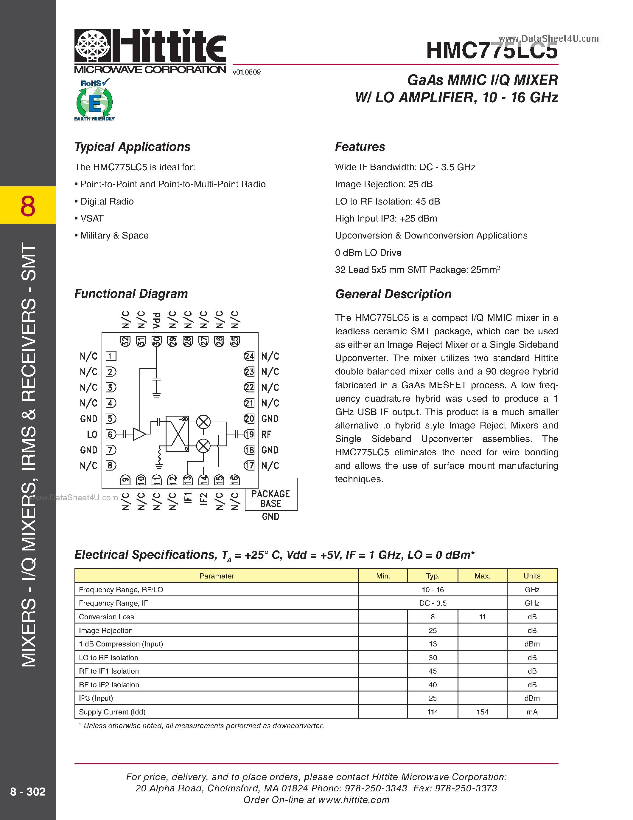 Datasheet HMC775LC5 page 1 Datasheet HMC775LC5 - GaAs MMIC I/Q MIXER W/ LO AMPLIFIER page 1