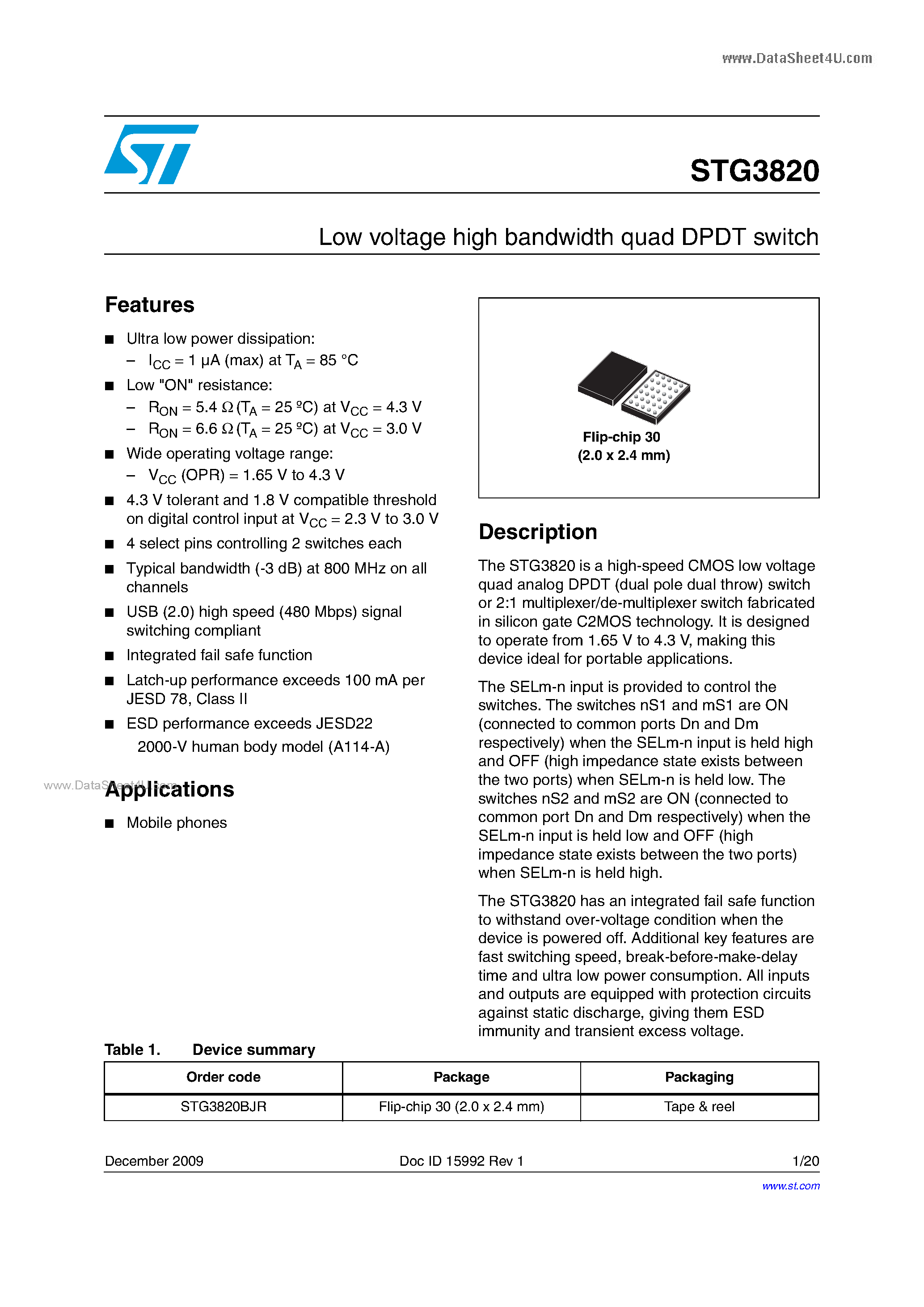 Datasheet STG3820 page 1 Datasheet STG3820 - Low voltage high bandwidth quad DPDT switch page 1