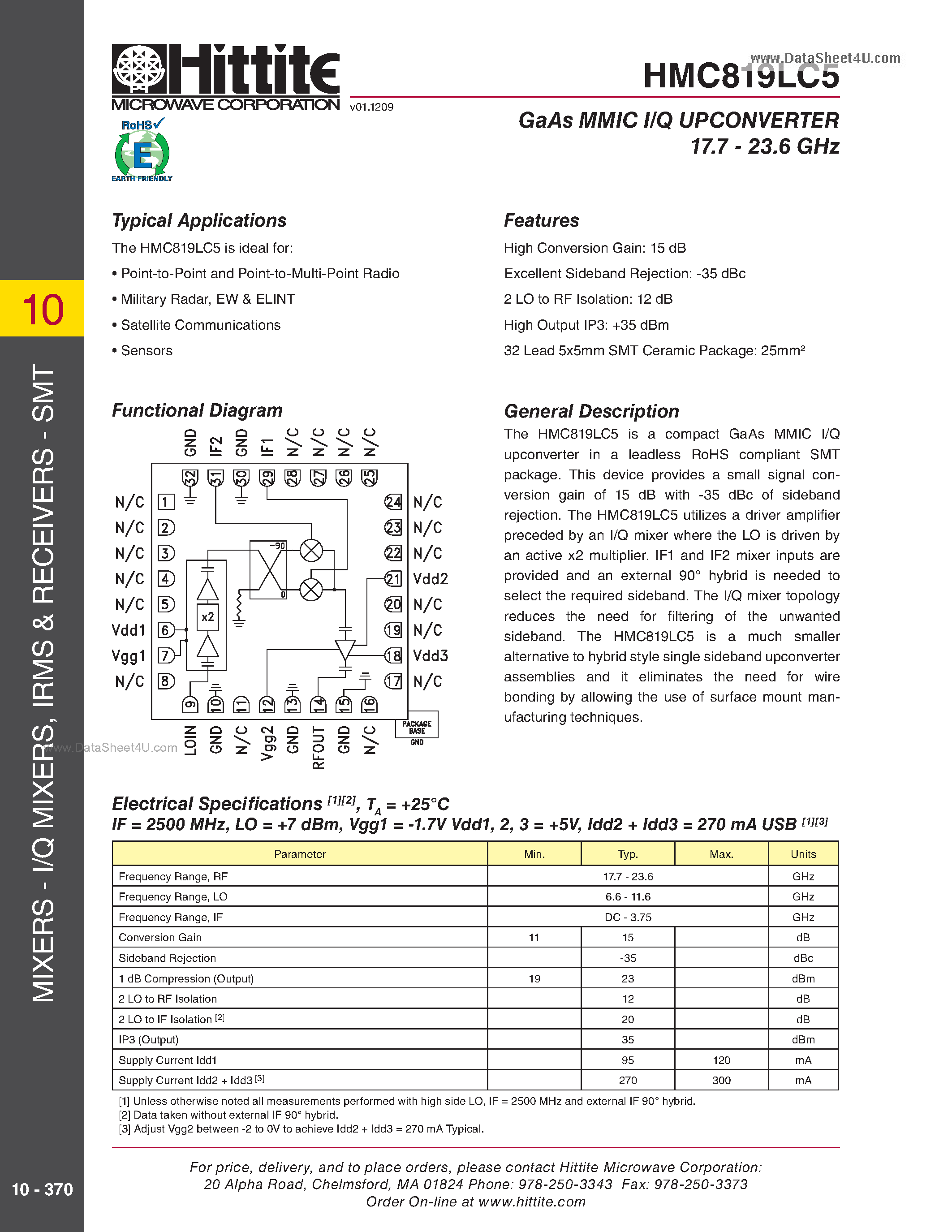 Datasheet HMC819LC5 page 1 Datasheet HMC819LC5 - GaAs MMIC I/Q Upconverter SMT page 1