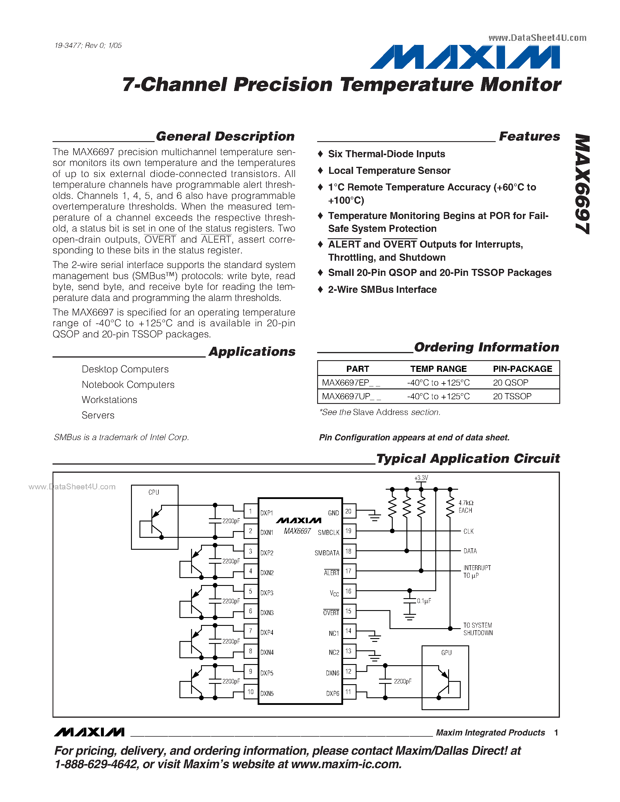 Даташит MAX6697 - 7-Channel Precision Temperature Monitor страница 1