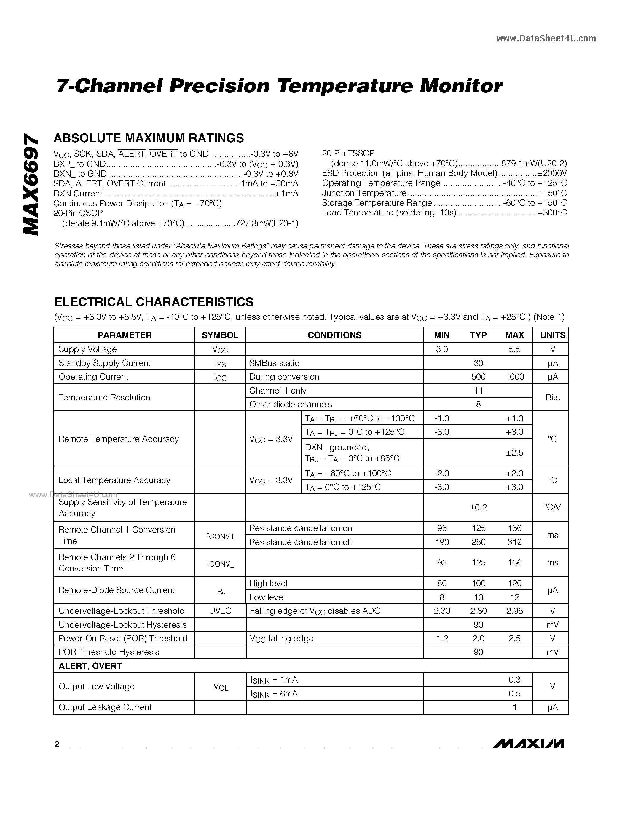 Даташит MAX6697 - 7-Channel Precision Temperature Monitor страница 2