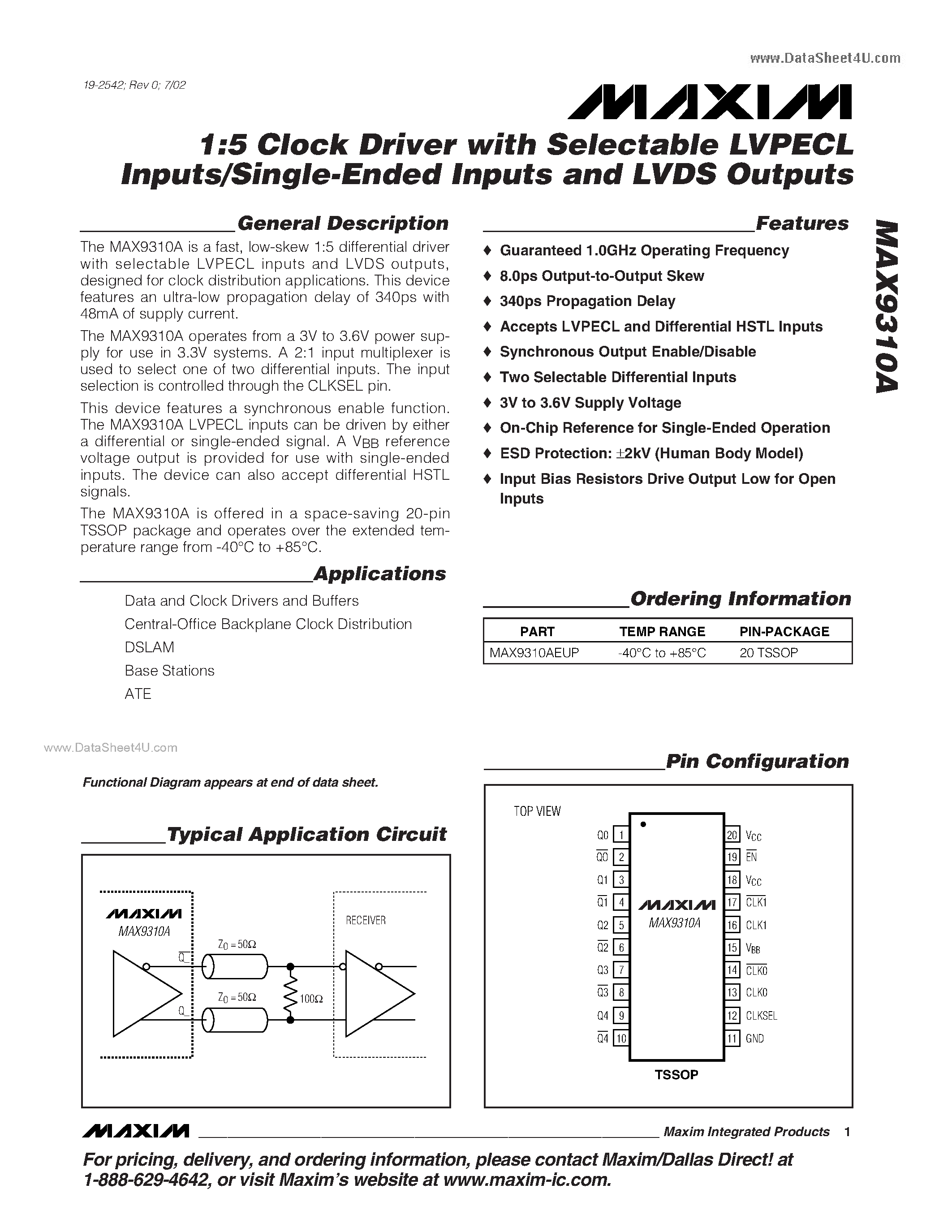 Datasheet MAX9310A - 1:5 Clock Driver page 1