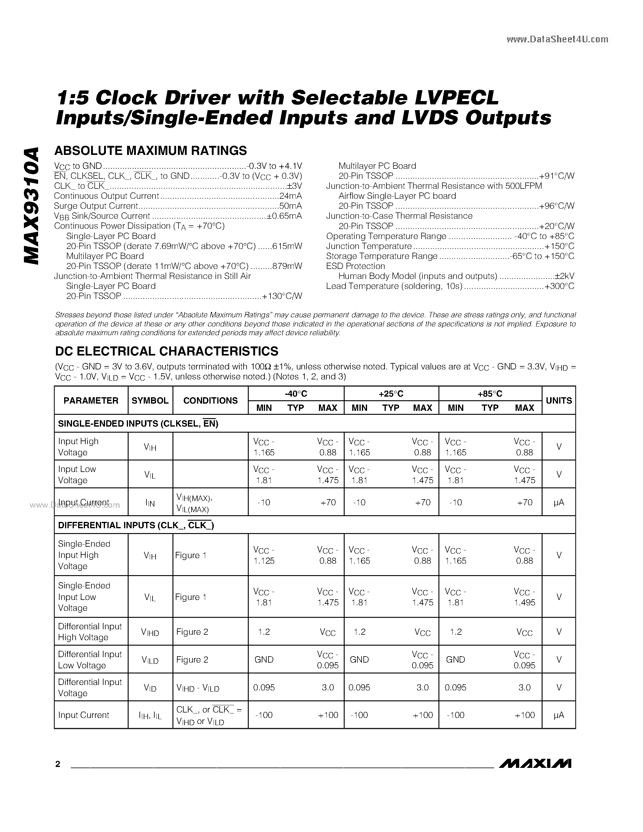Datasheet MAX9310A - 1:5 Clock Driver page 2