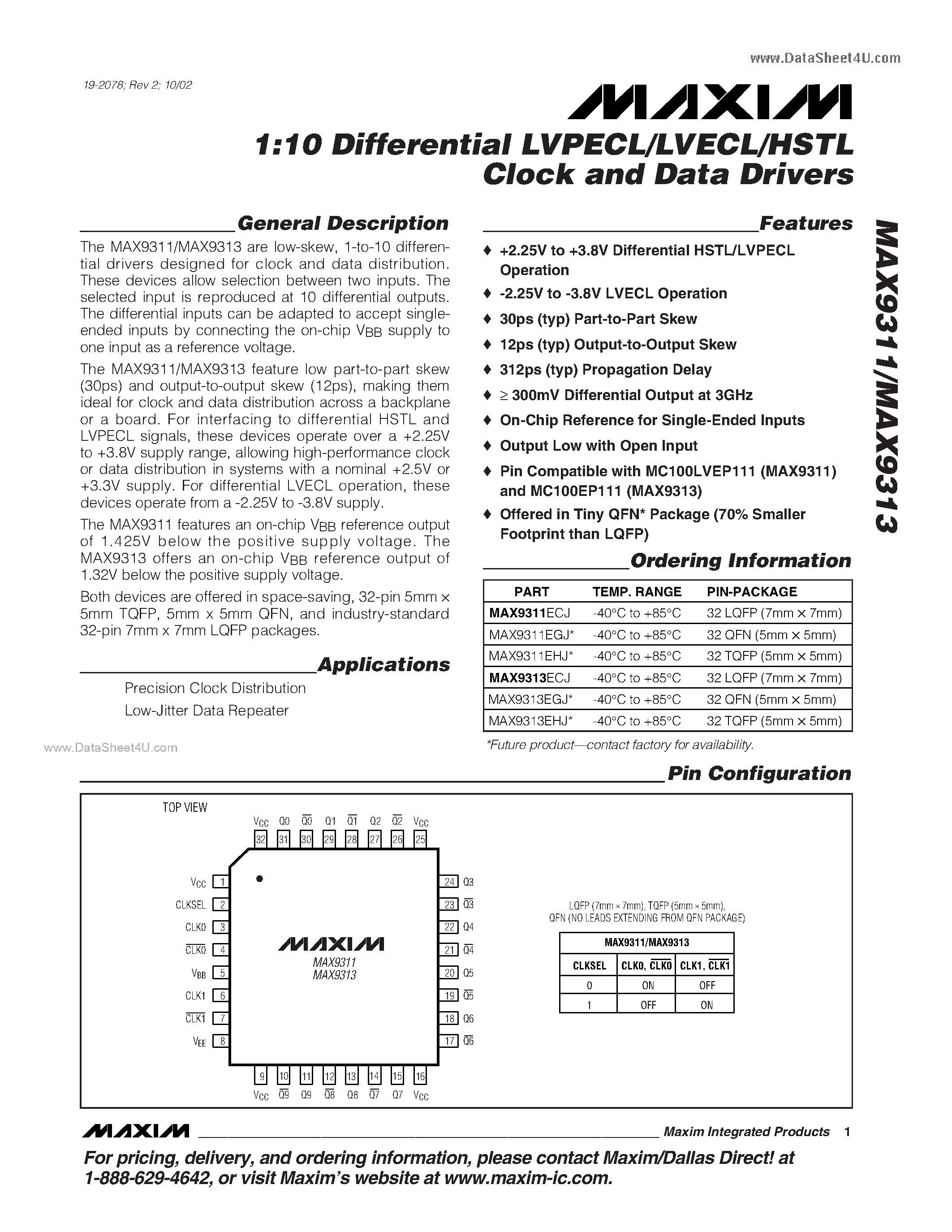 Datasheet MAX9311 - (MAX9311 / MAX9313) 1:10 Differential LVPECL/LVECL/HSTL Clock and Data Drivers page 1