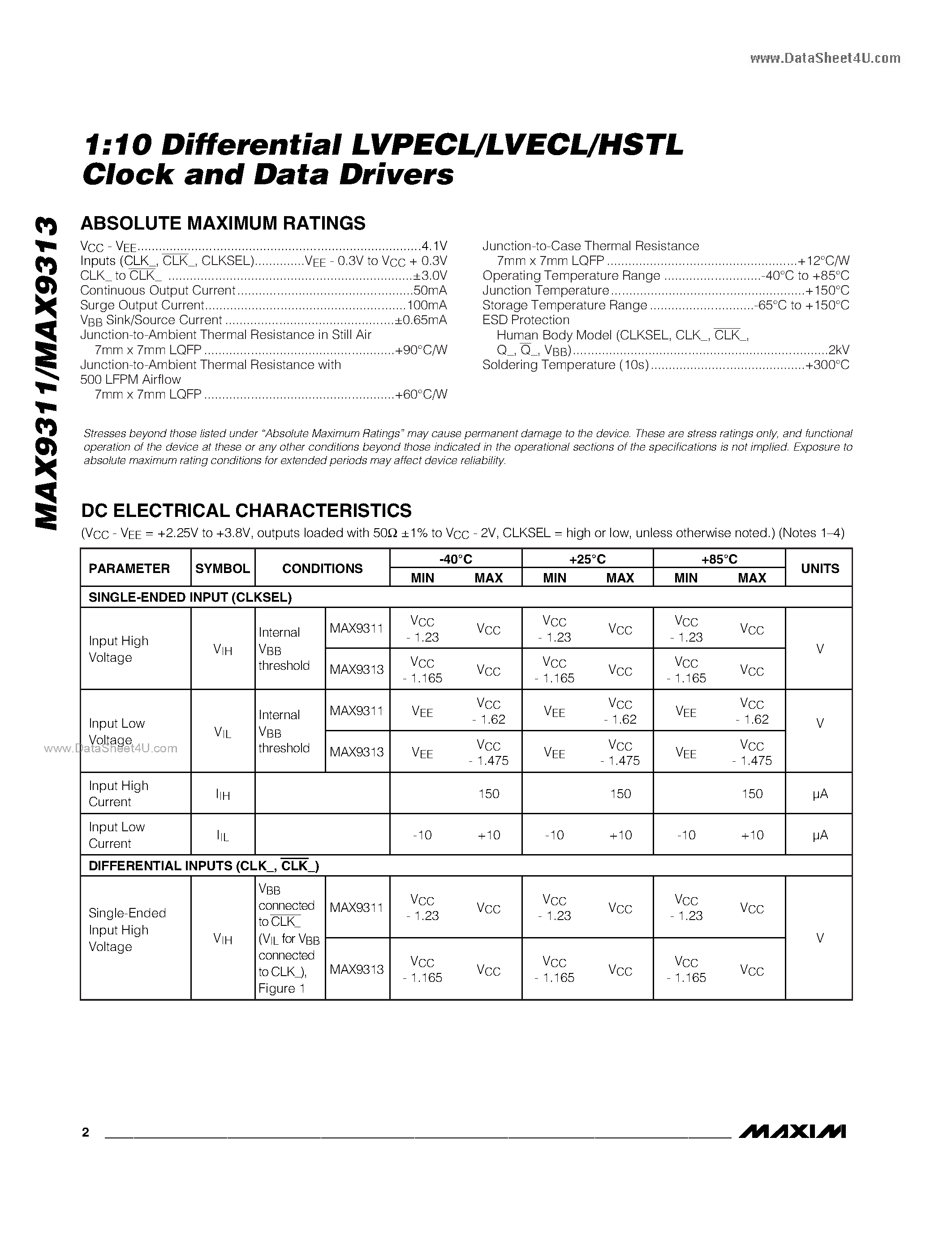 Datasheet MAX9311 - (MAX9311 / MAX9313) 1:10 Differential LVPECL/LVECL/HSTL Clock and Data Drivers page 2