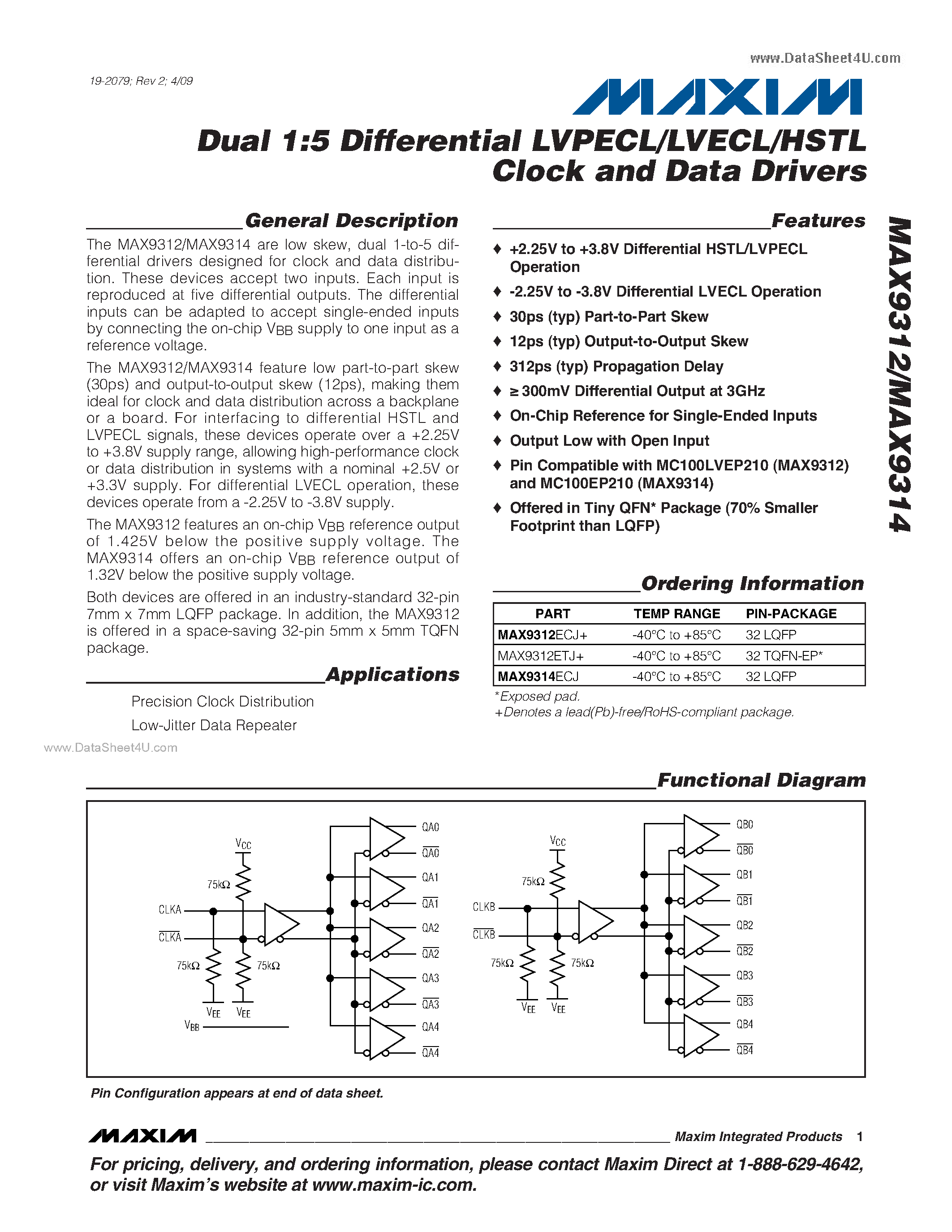 Datasheet MAX9312 - (MAX9312 / MAX9314) Dual 1:5 Differential LVPECL/LVECL/HSTL Clock and Data Drivers page 1