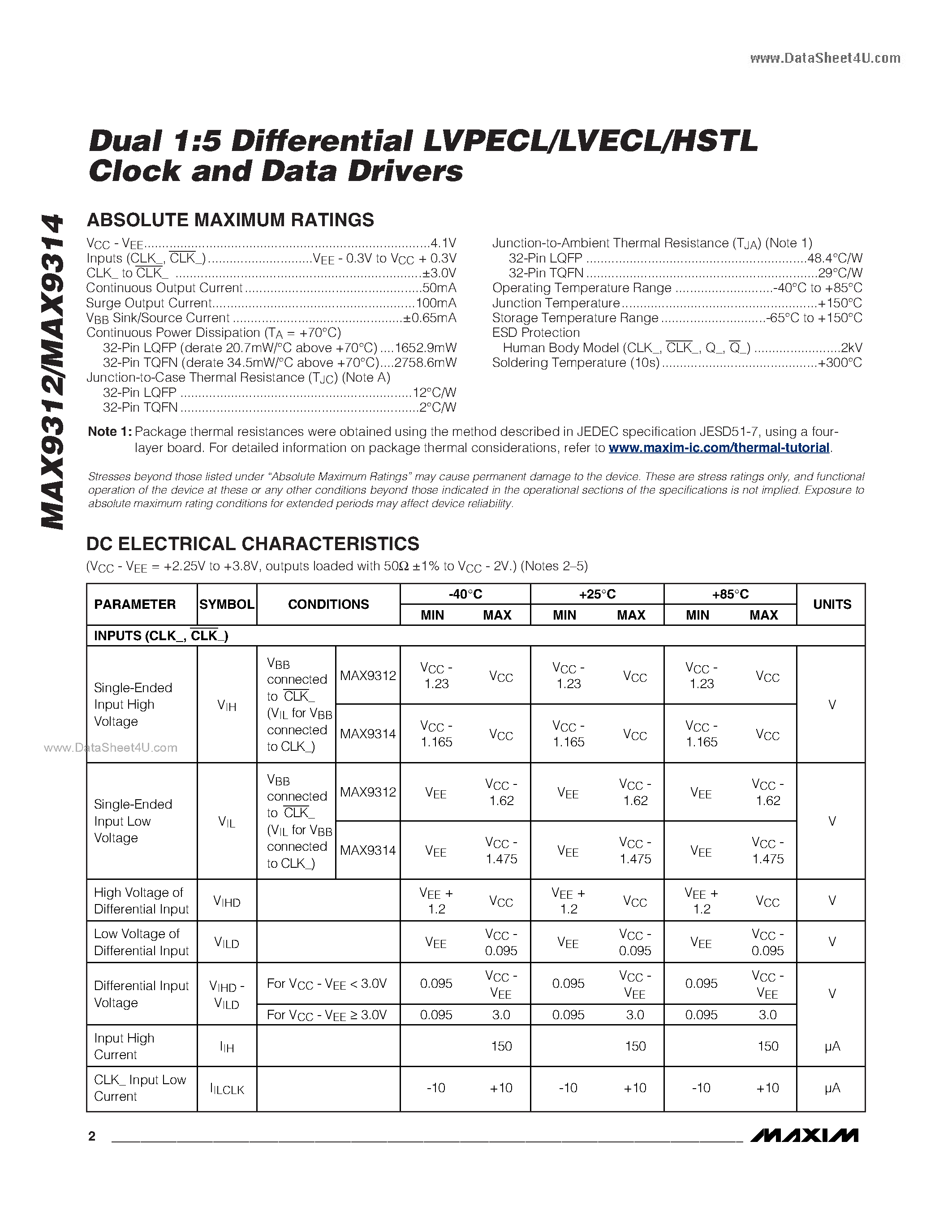 Datasheet MAX9312 - (MAX9312 / MAX9314) Dual 1:5 Differential LVPECL/LVECL/HSTL Clock and Data Drivers page 2