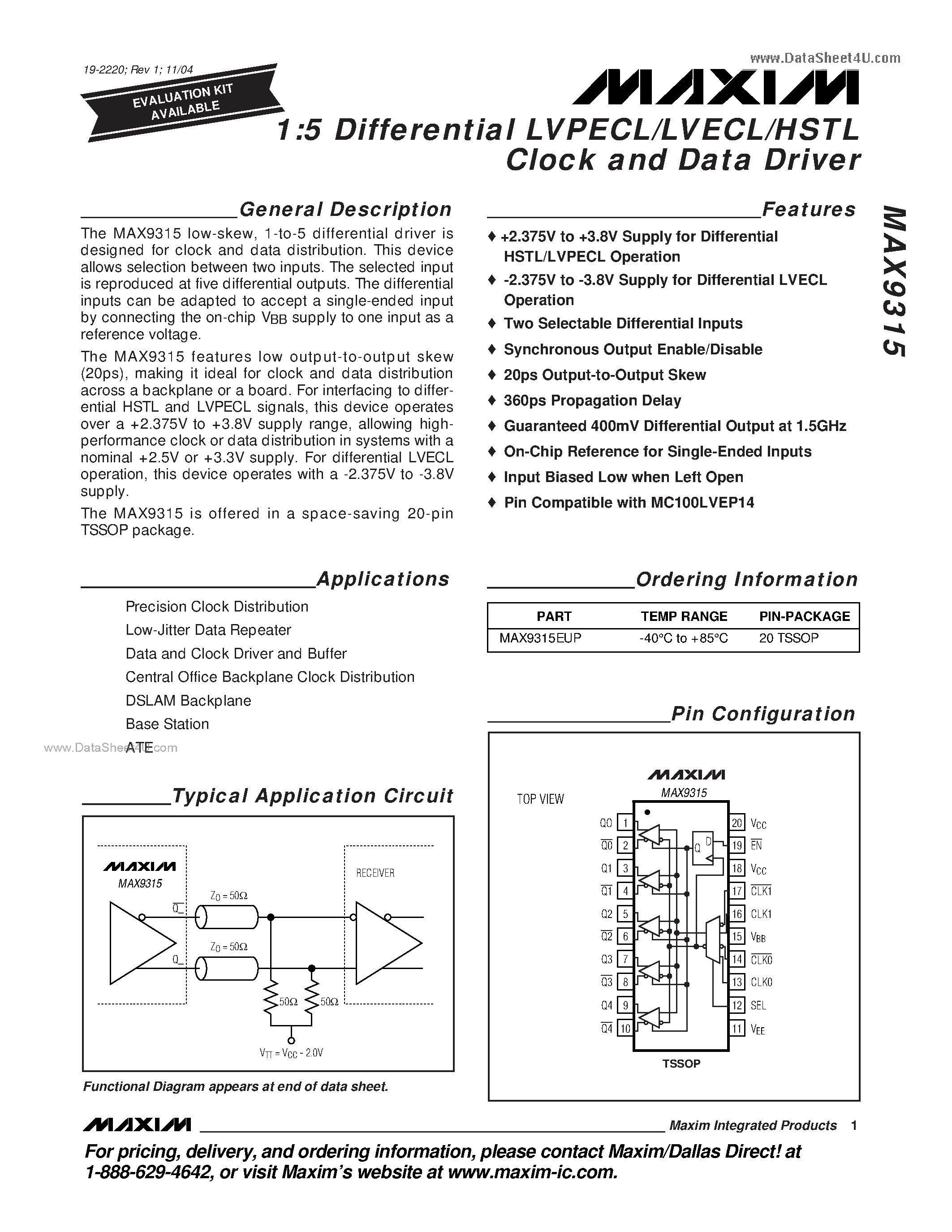 Datasheet MAX9315 - 1:5 Differential LVPECL/LVECL/HSTL Clock and Data Driver page 1