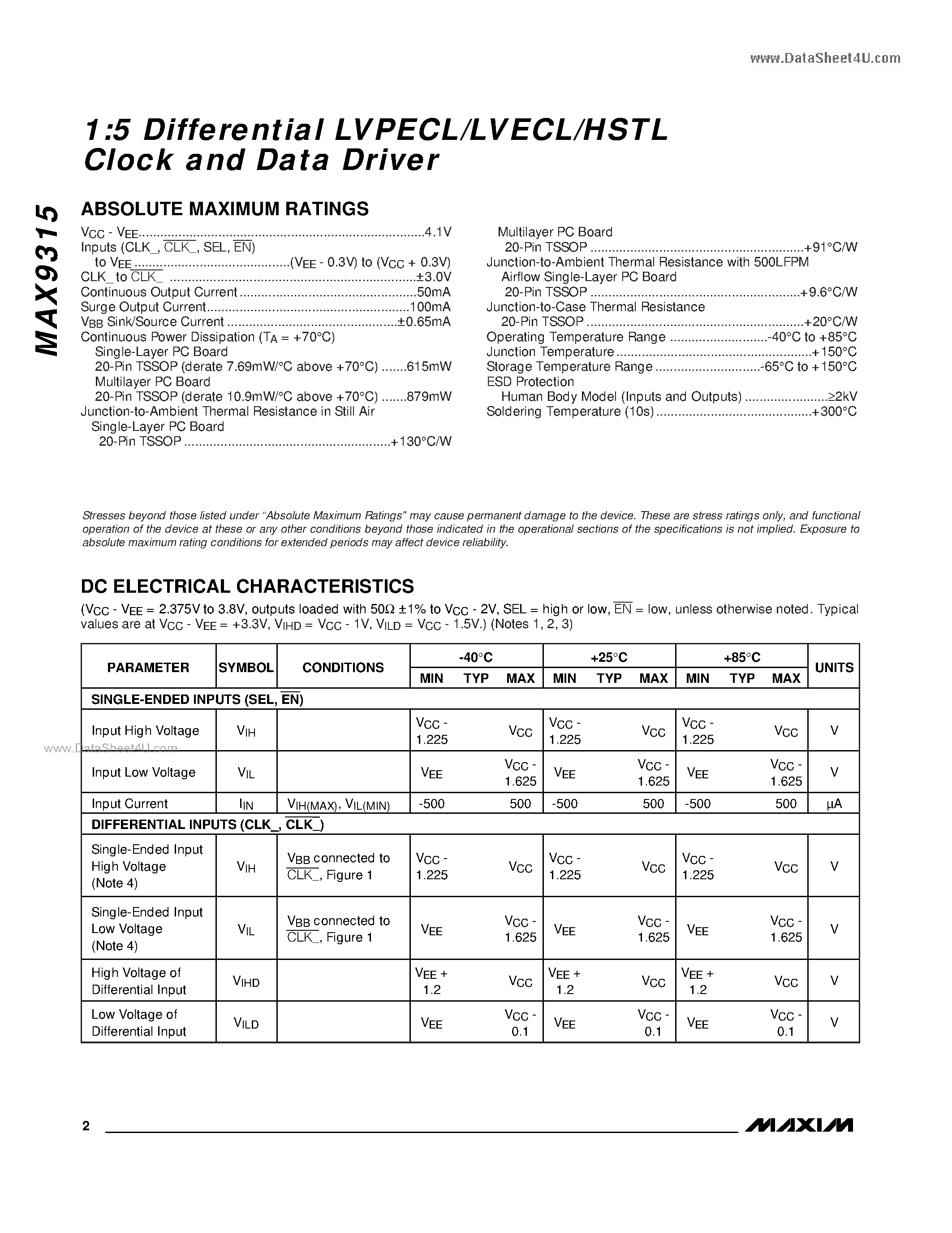 Datasheet MAX9315 - 1:5 Differential LVPECL/LVECL/HSTL Clock and Data Driver page 2