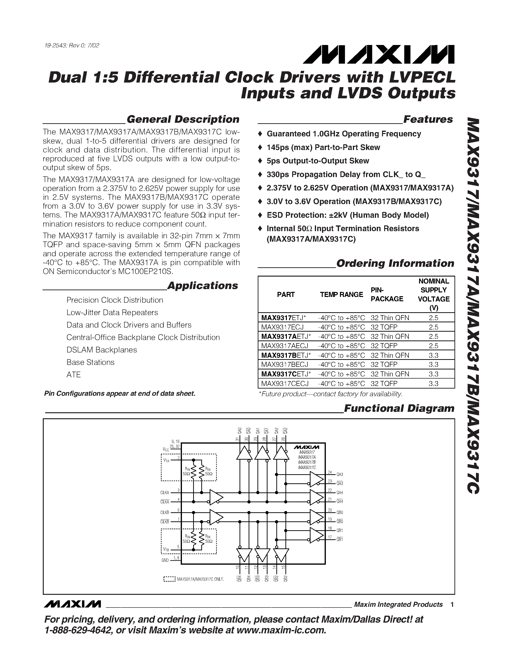 Datasheet MAX9317 - Dual 1:5 Differential Clock Drivers with LVPECL Inputs and LVDS Outputs page 1