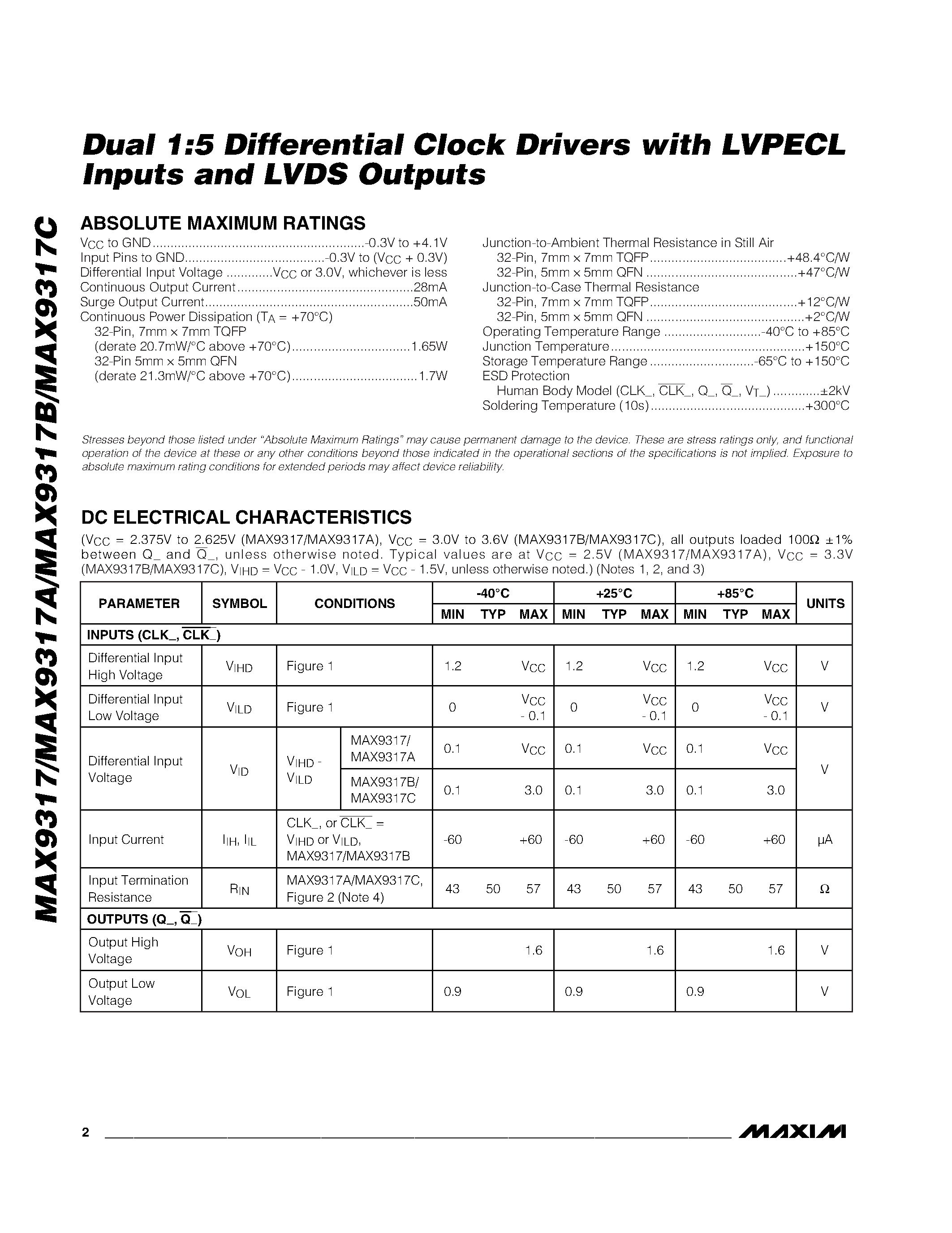 Datasheet MAX9317 - Dual 1:5 Differential Clock Drivers with LVPECL Inputs and LVDS Outputs page 2