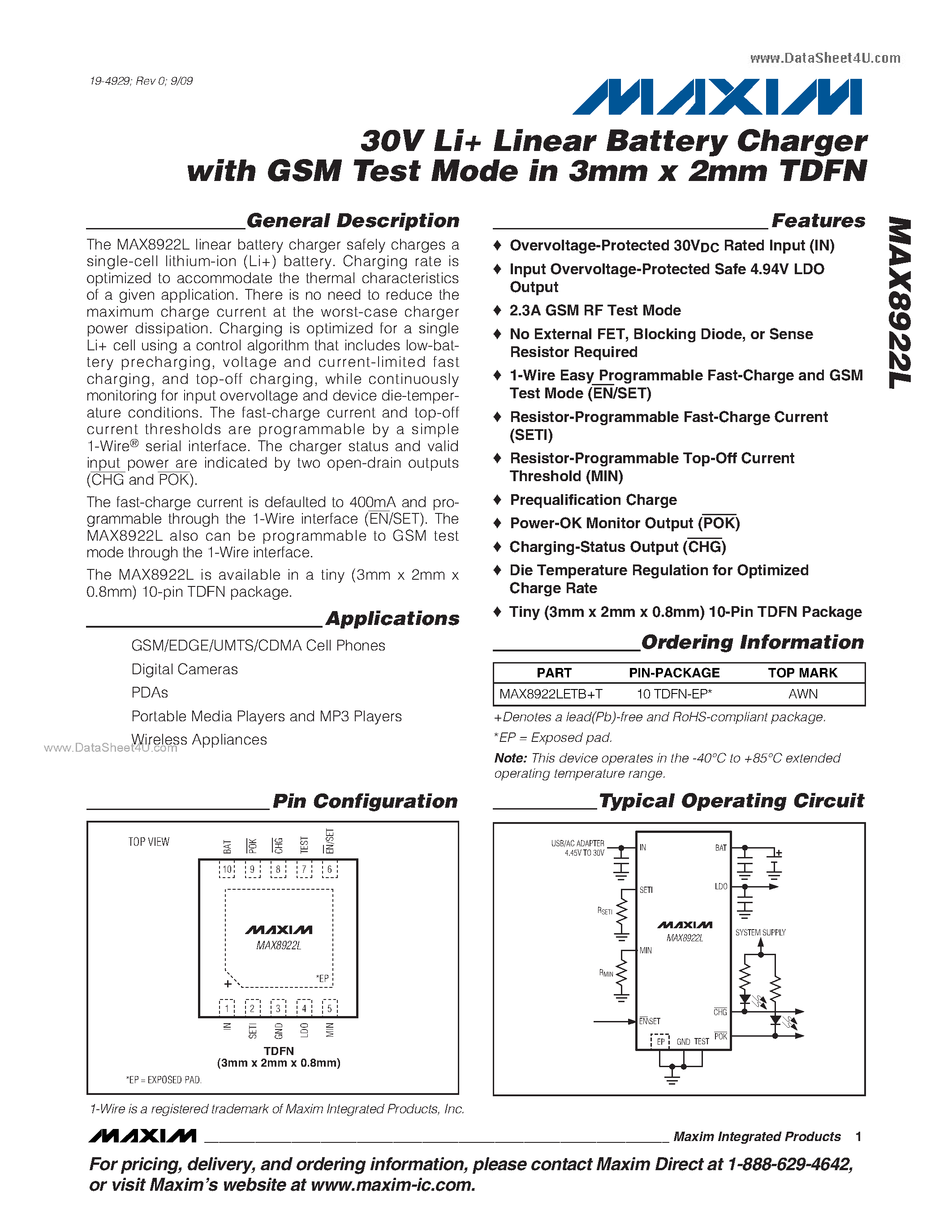 Datasheet MAX8922L - 30V Li+ Linear Battery Charger page 1