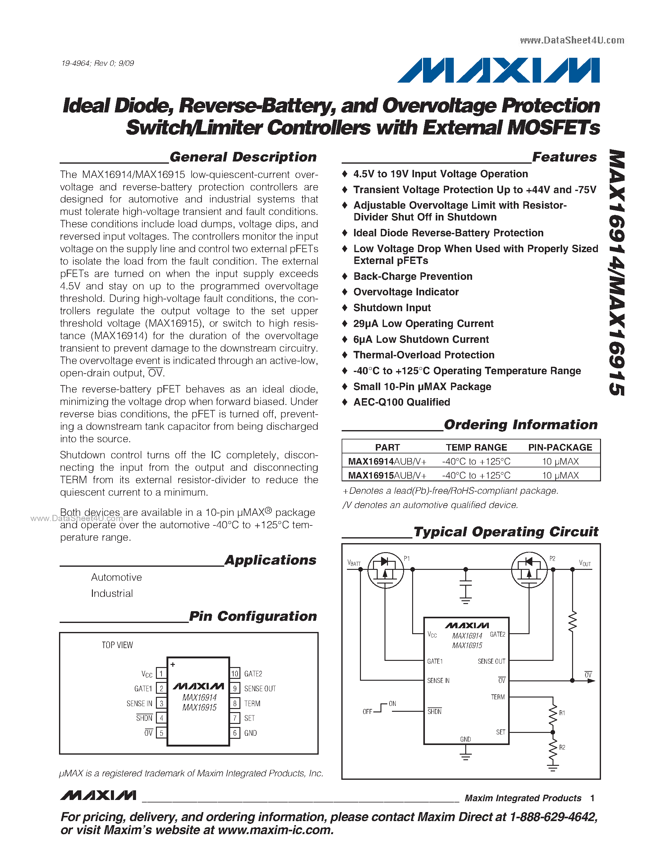 Datasheet MAX16914 page 1 Datasheet MAX16914 - (MAX16914 / MAX16915) Overvoltage Protection Switch/Limiter Controllers page 1