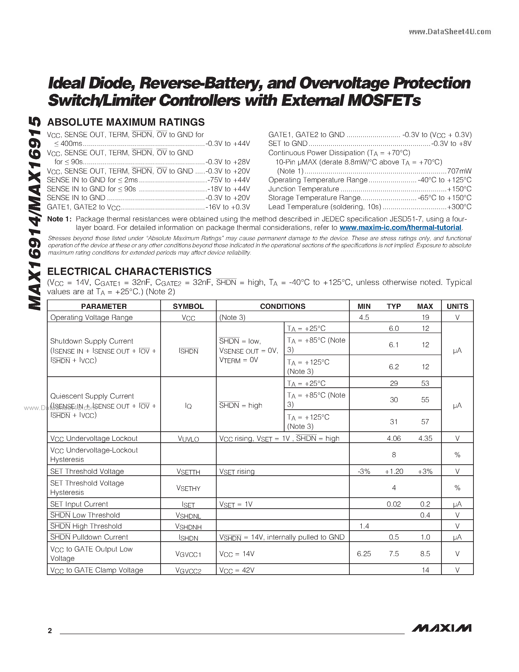 Datasheet MAX16914 page 2 Datasheet MAX16914 - (MAX16914 / MAX16915) Overvoltage Protection Switch/Limiter Controllers page 2