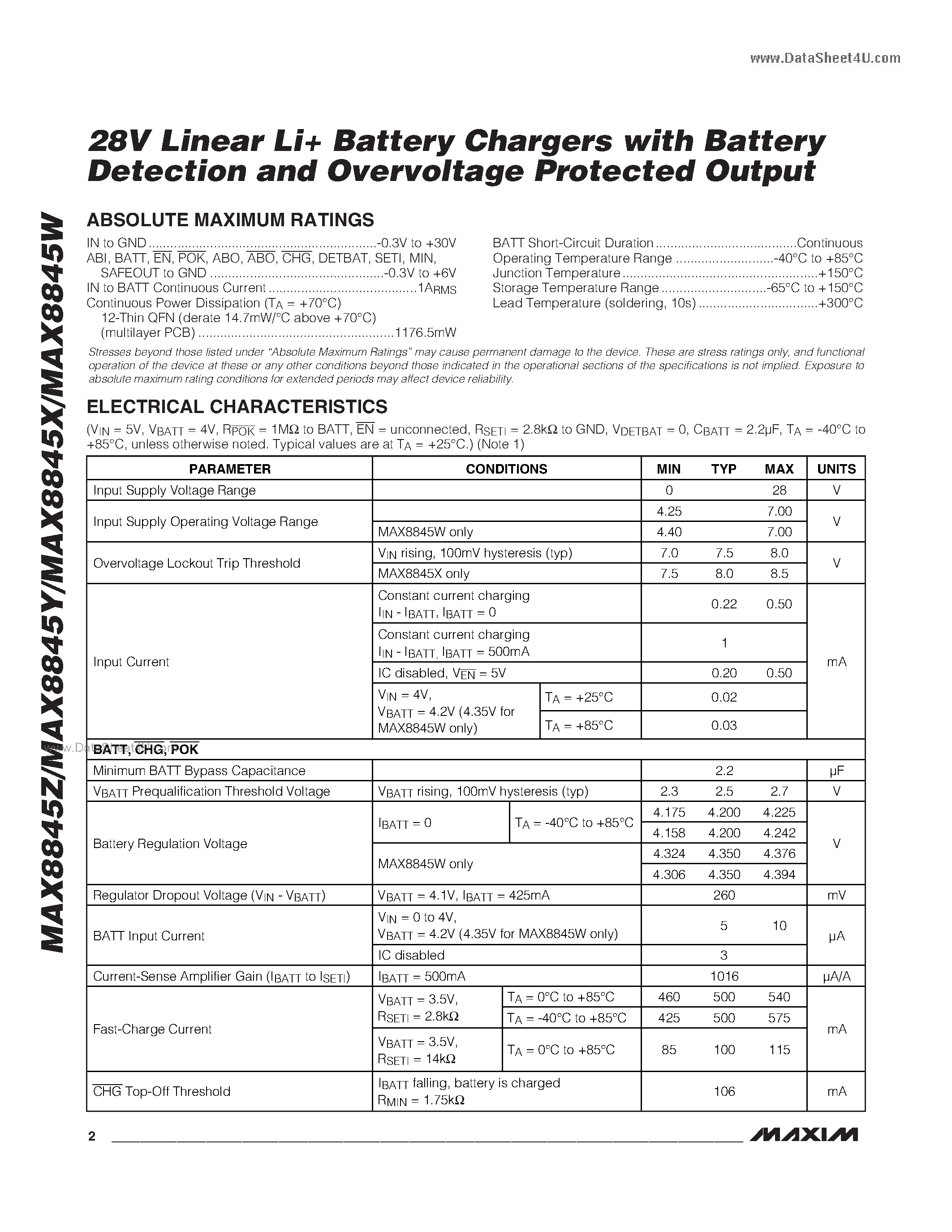 Datasheet MAX8845W - 28V Linear Li+ Battery Chargers page 2