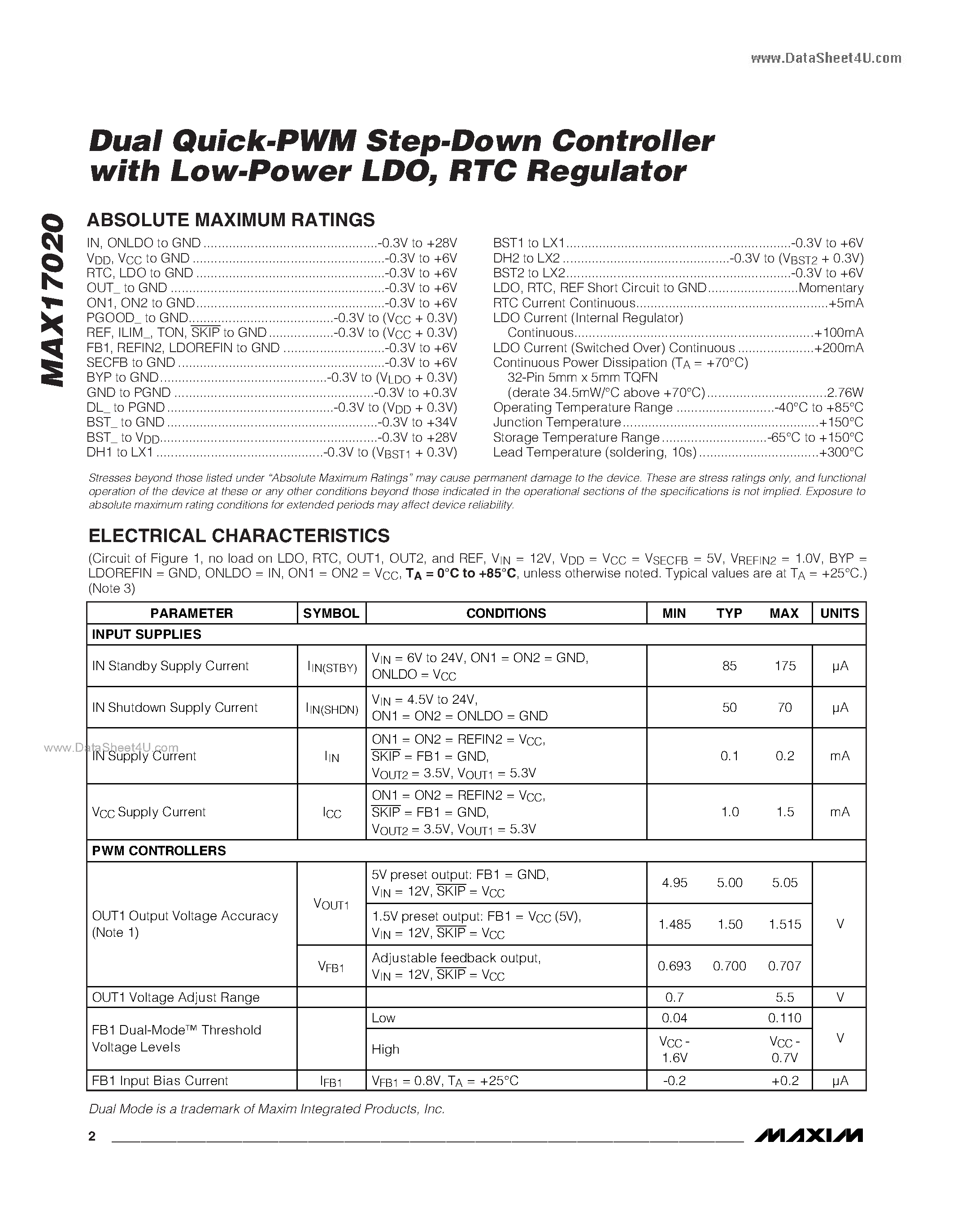 Даташит на микросхему MAX17020 страница 2 Даташит MAX17020 - Dual Quick-PWM Step-Down Controller страница 2