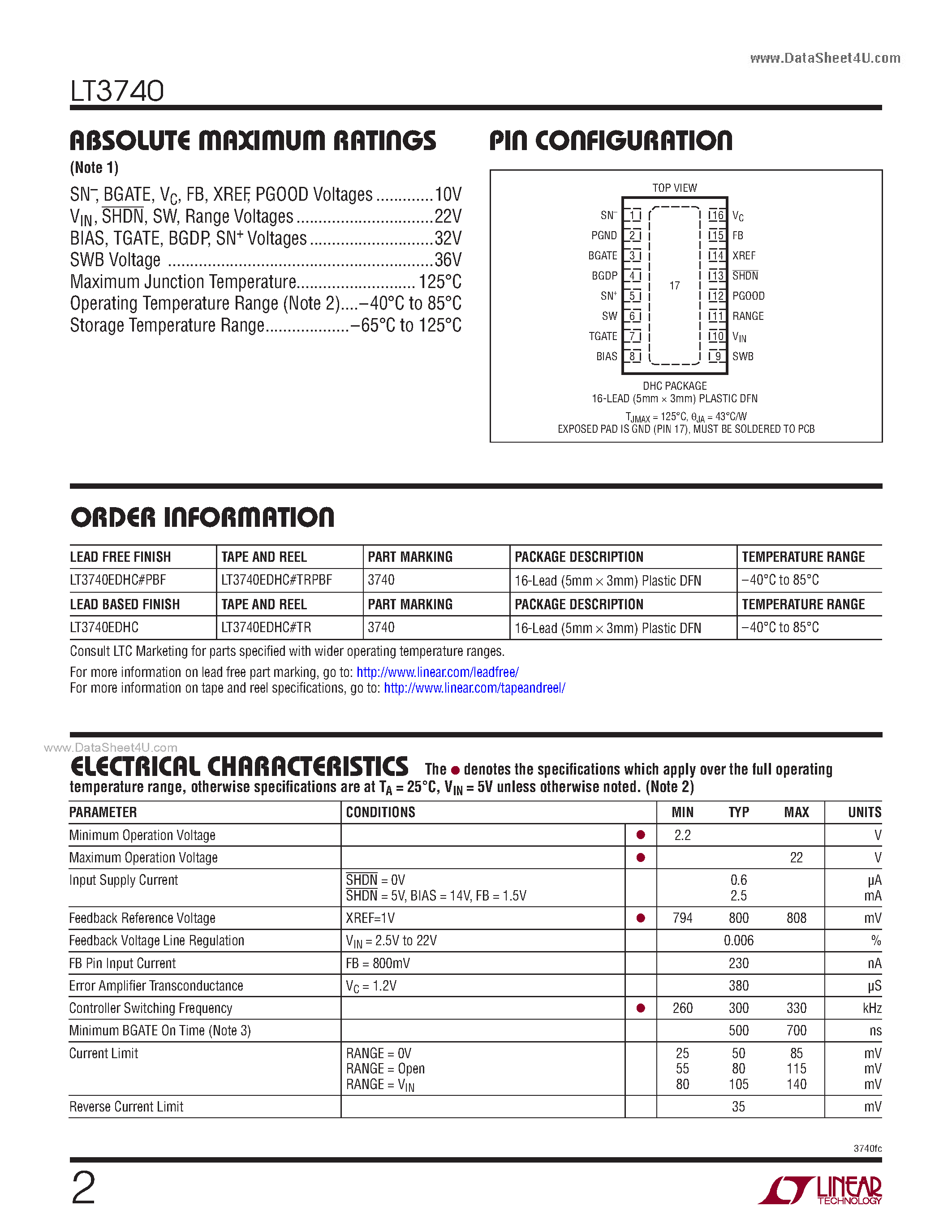 Datasheet LT3740 - Synchronous Step-Down Controller page 2