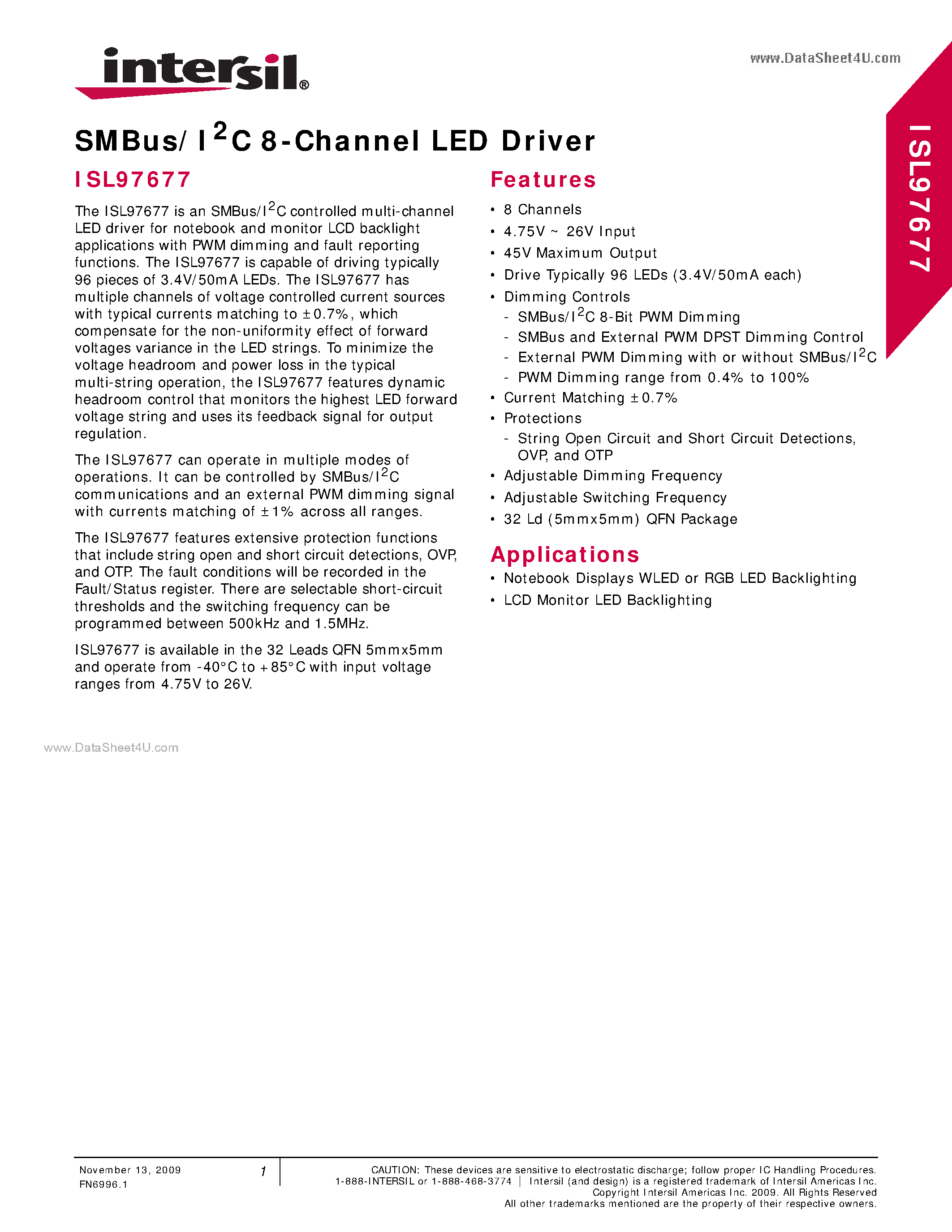 Datasheet ISL97677 page 1 Datasheet ISL97677 - SMBus/I2C 8-Channel LED Driver page 1