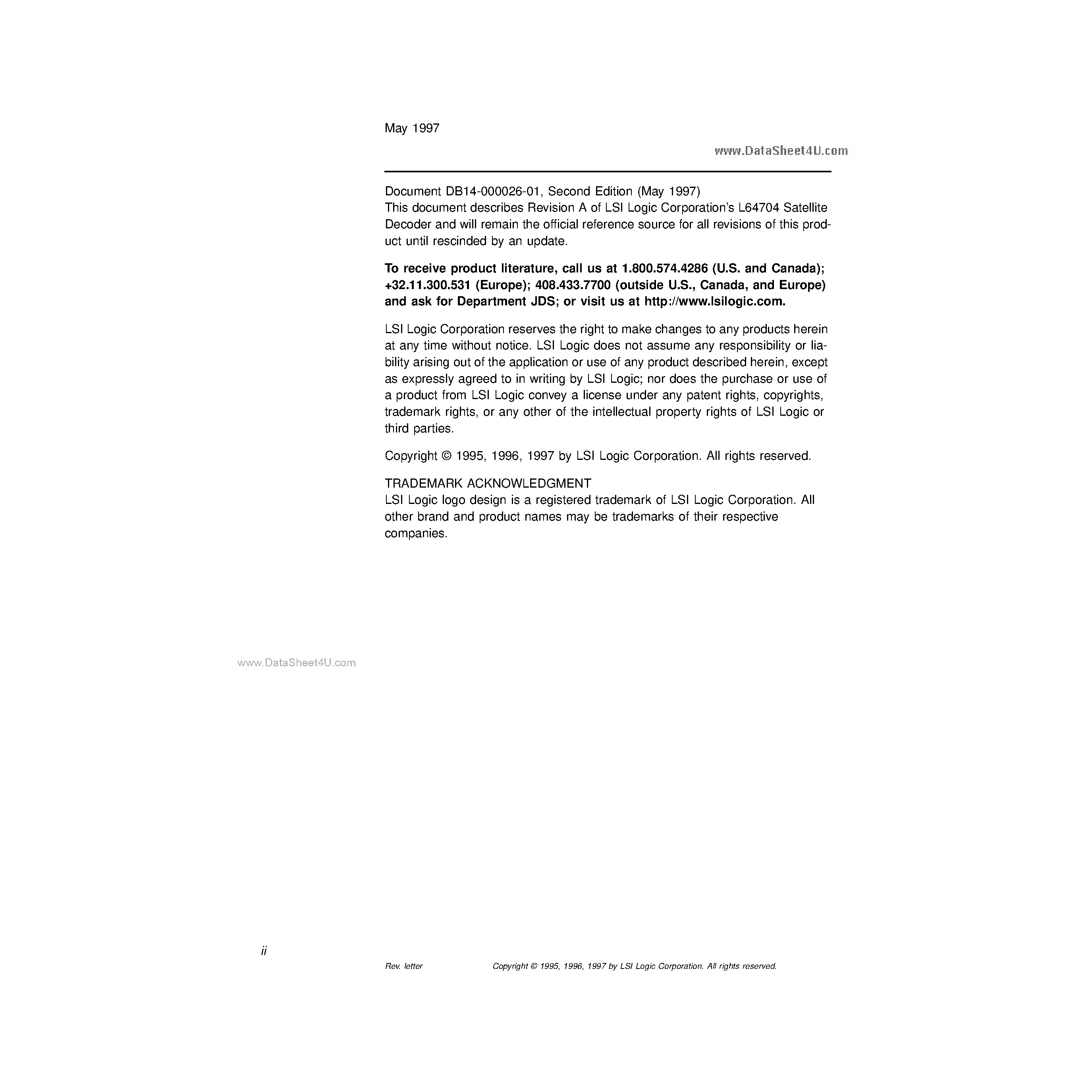 Datasheet L64704 page 2 Datasheet L64704 - Satellite Decoder Technical Manual 5/97 page 2