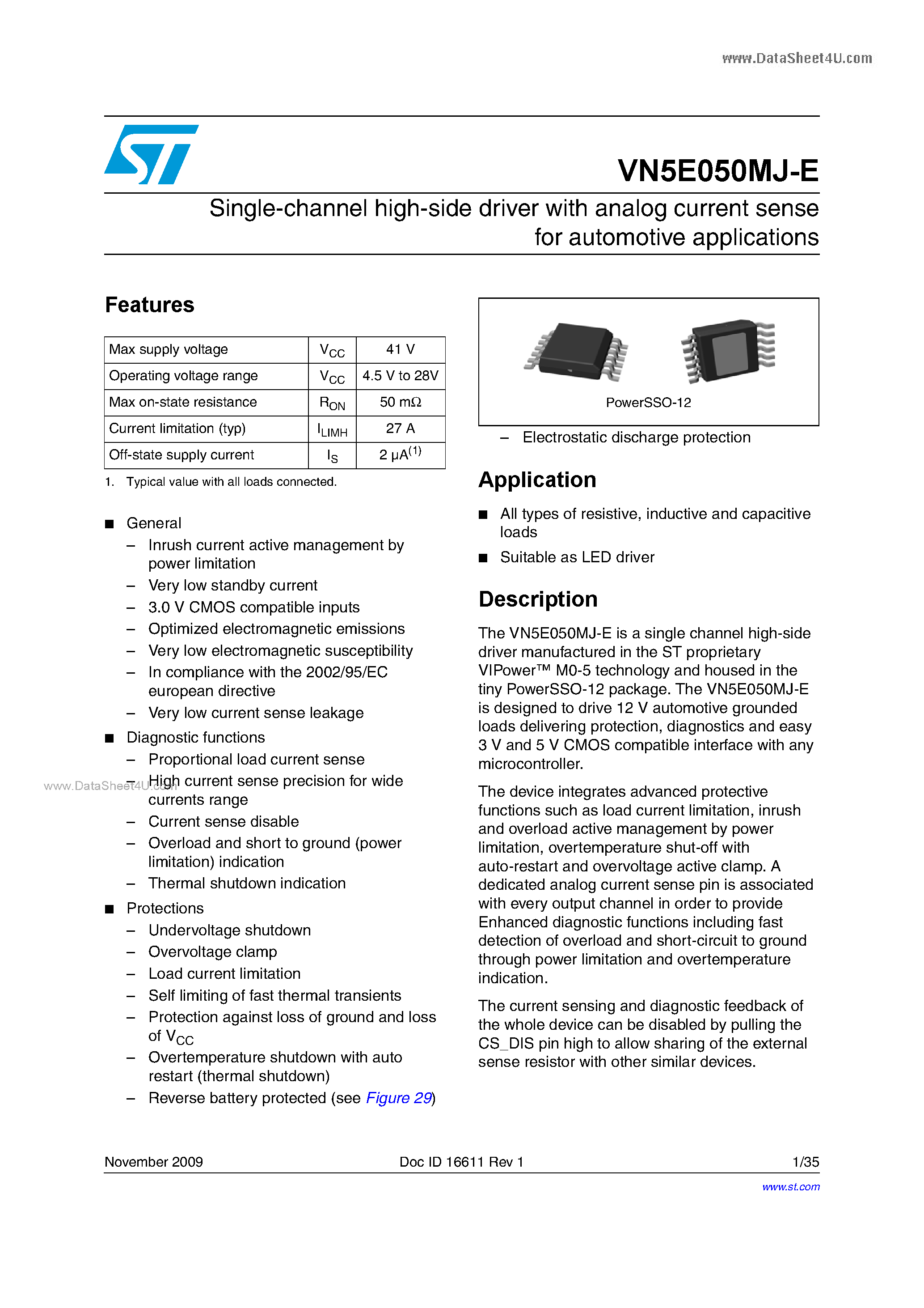 Даташит VN5E050MJ-E - Single-channel high-side driver страница 1