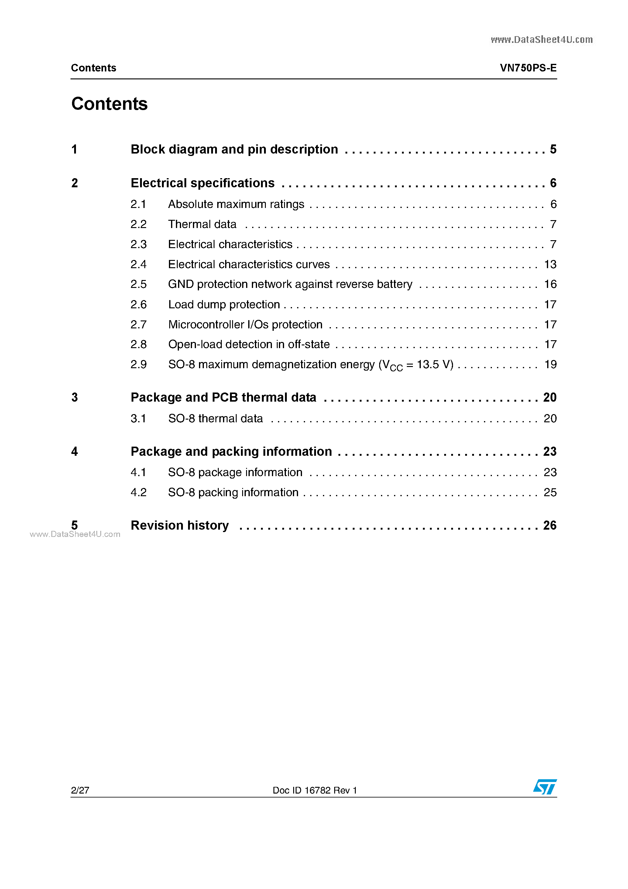 Datasheet VN750PS-E page 2 Datasheet VN750PS-E - Single-channel high-side driver page 2