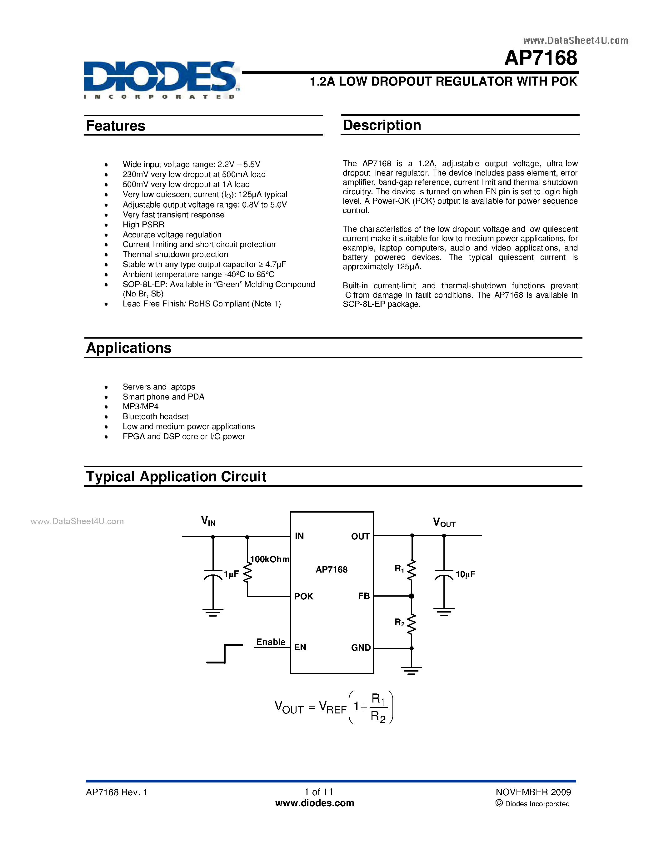 Даташит AP7168 - 1.2A LOW DROPOUT REGULATOR страница 1