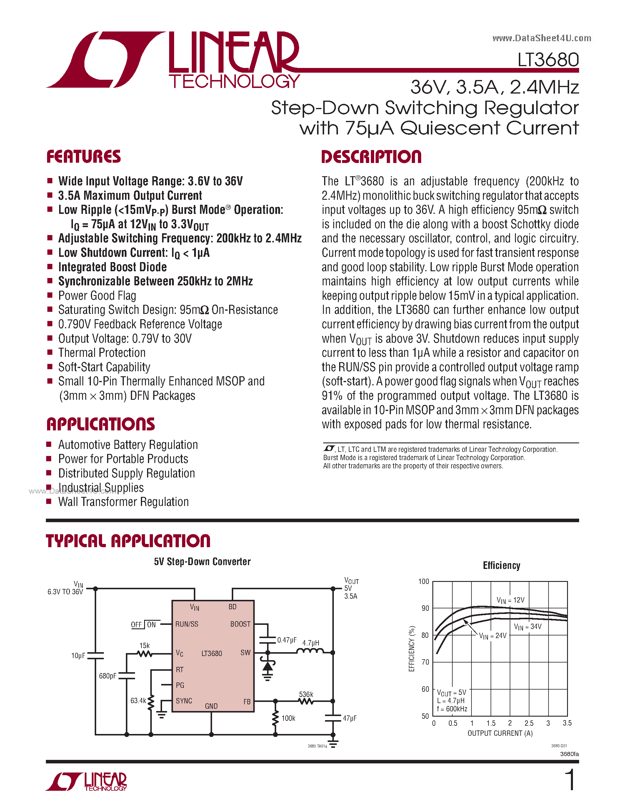 Datasheet LT3680 - 2.4MHz Step-Down Switching Regulator page 1
