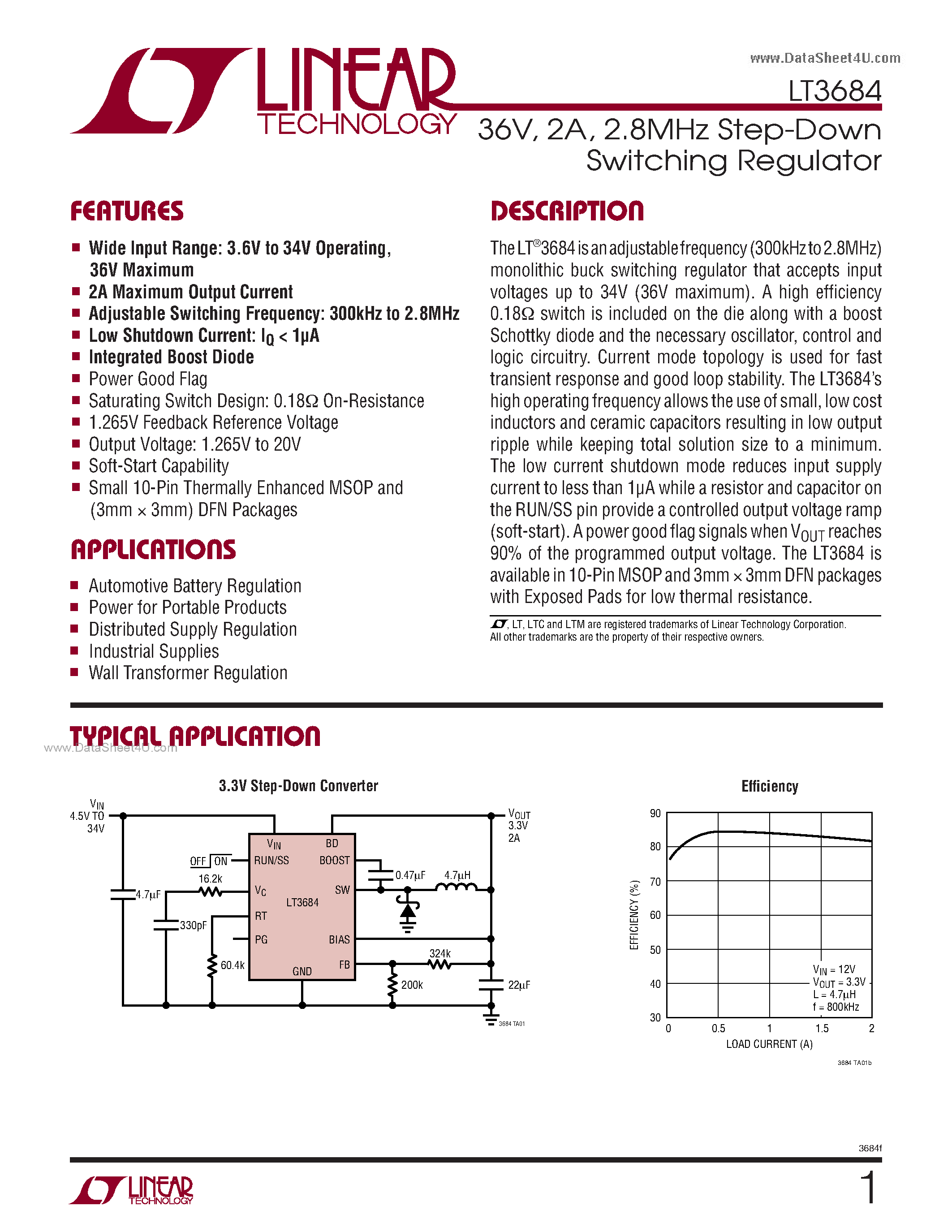 Datasheet LT3684 - 2.8MHz Step-Down Switching Regulator page 1