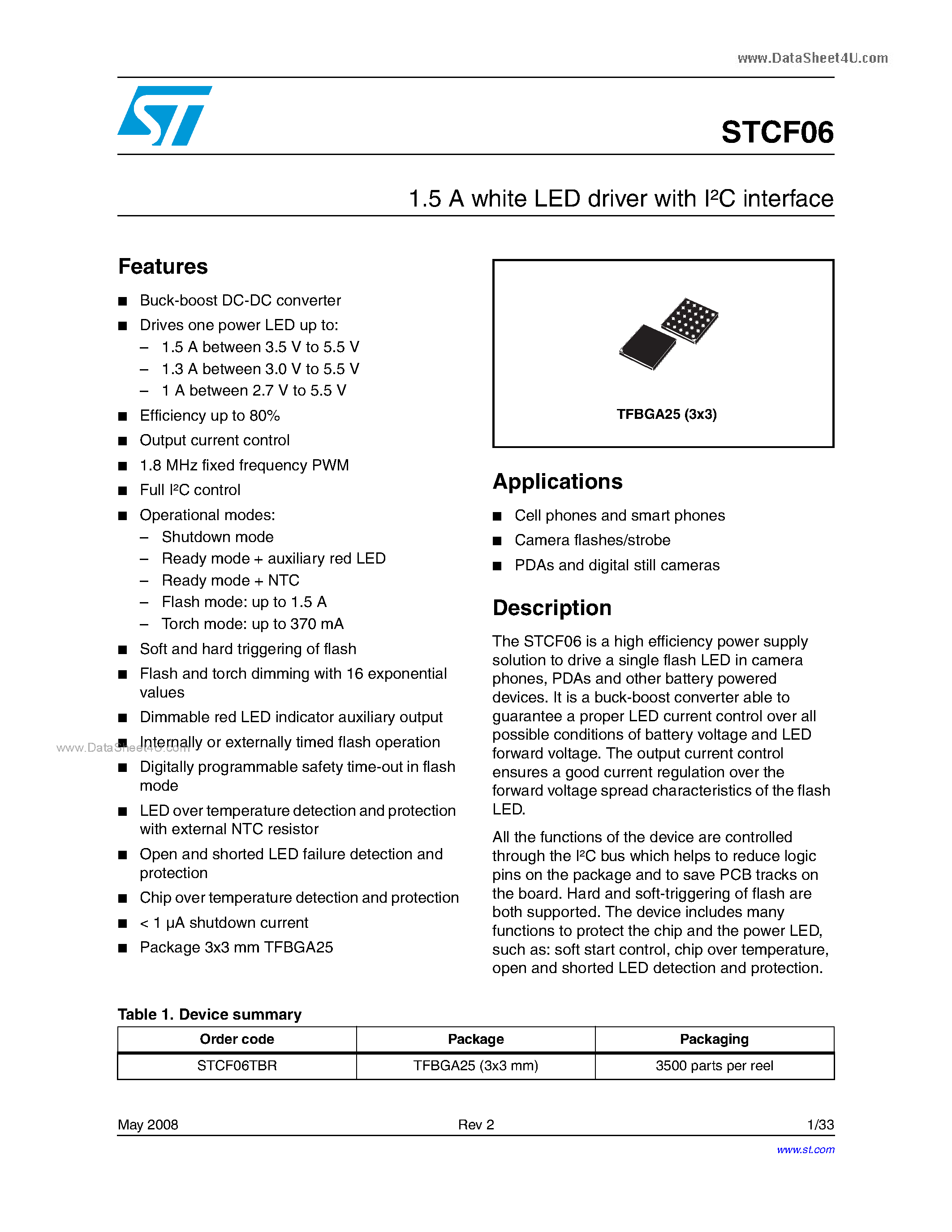 Datasheet STCF06 - 1.5 A white LED driver page 1