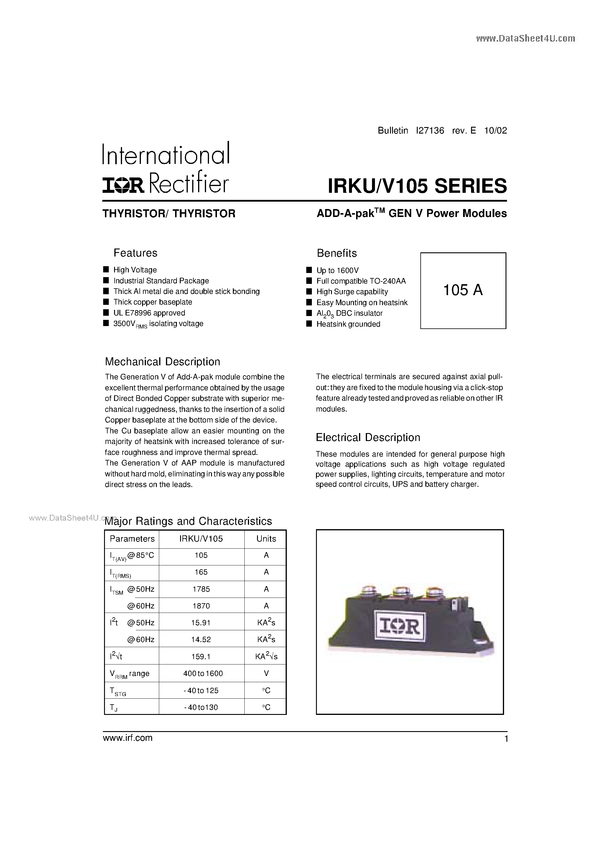 Datasheet IRKU105 page 1 Datasheet IRKU105 - ADD-A-pak GEN V Power Modules THYRISTOR page 1