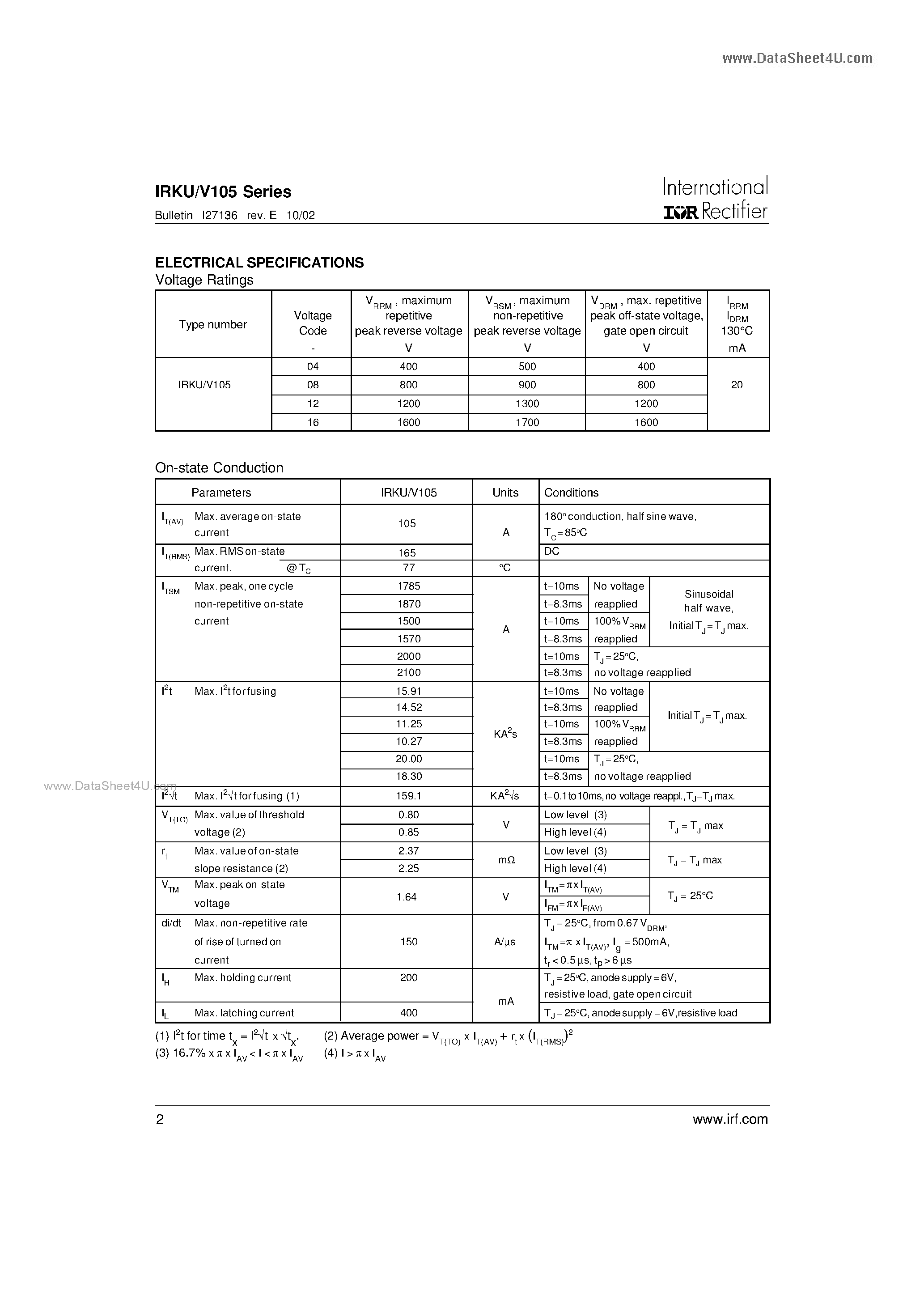 Datasheet IRKU105 page 2 Datasheet IRKU105 - ADD-A-pak GEN V Power Modules THYRISTOR page 2