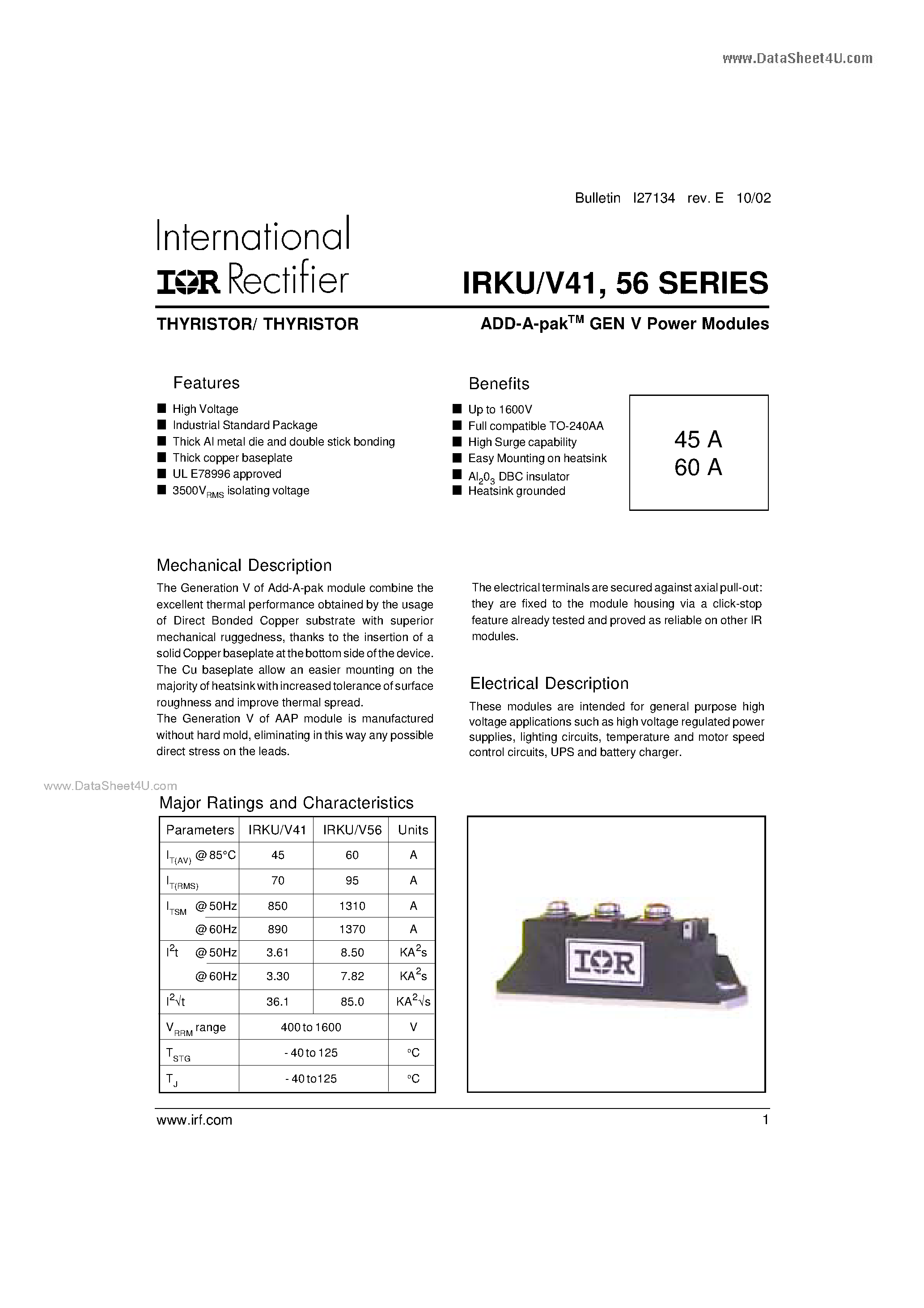 Datasheet IRKU41 page 1 Datasheet IRKU41 - ADD-A-pakTM GEN V Power Modules page 1