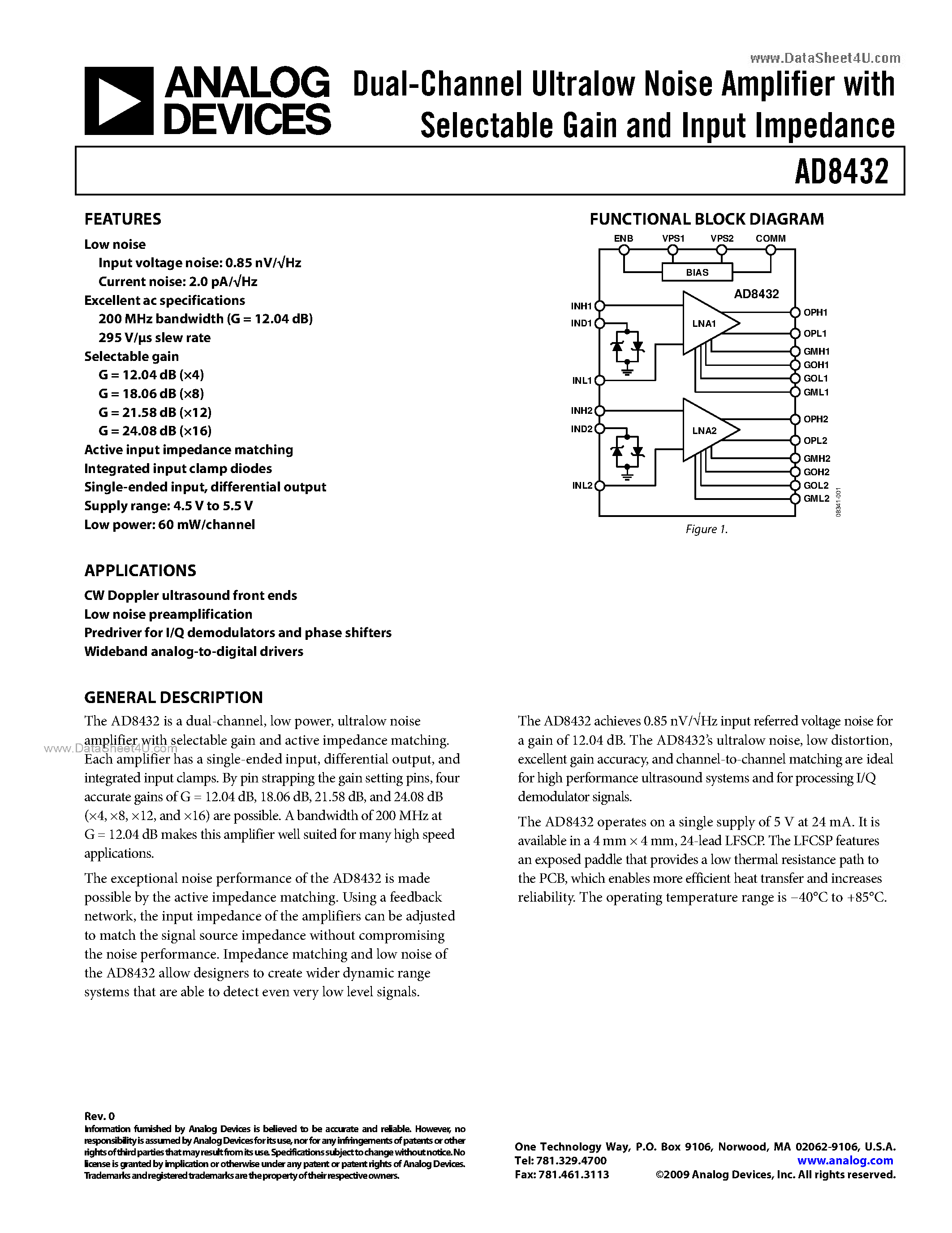 Datasheet AD8432 - Dual-Channel Ultralow Noise Amplifier page 1