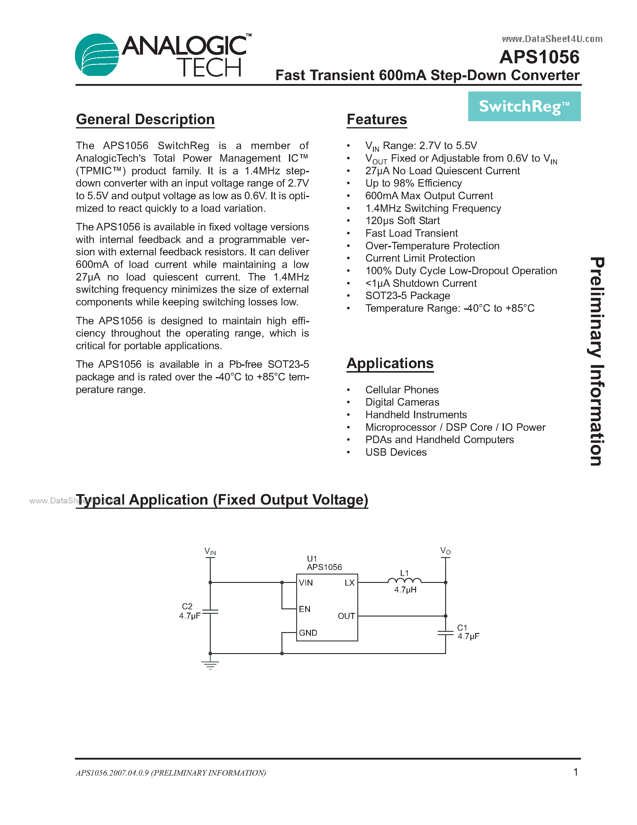 Даташит на микросхему APS1056 страница 1 Даташит APS1056 - Fast Transient 600mA Step-Down Converter страница 1