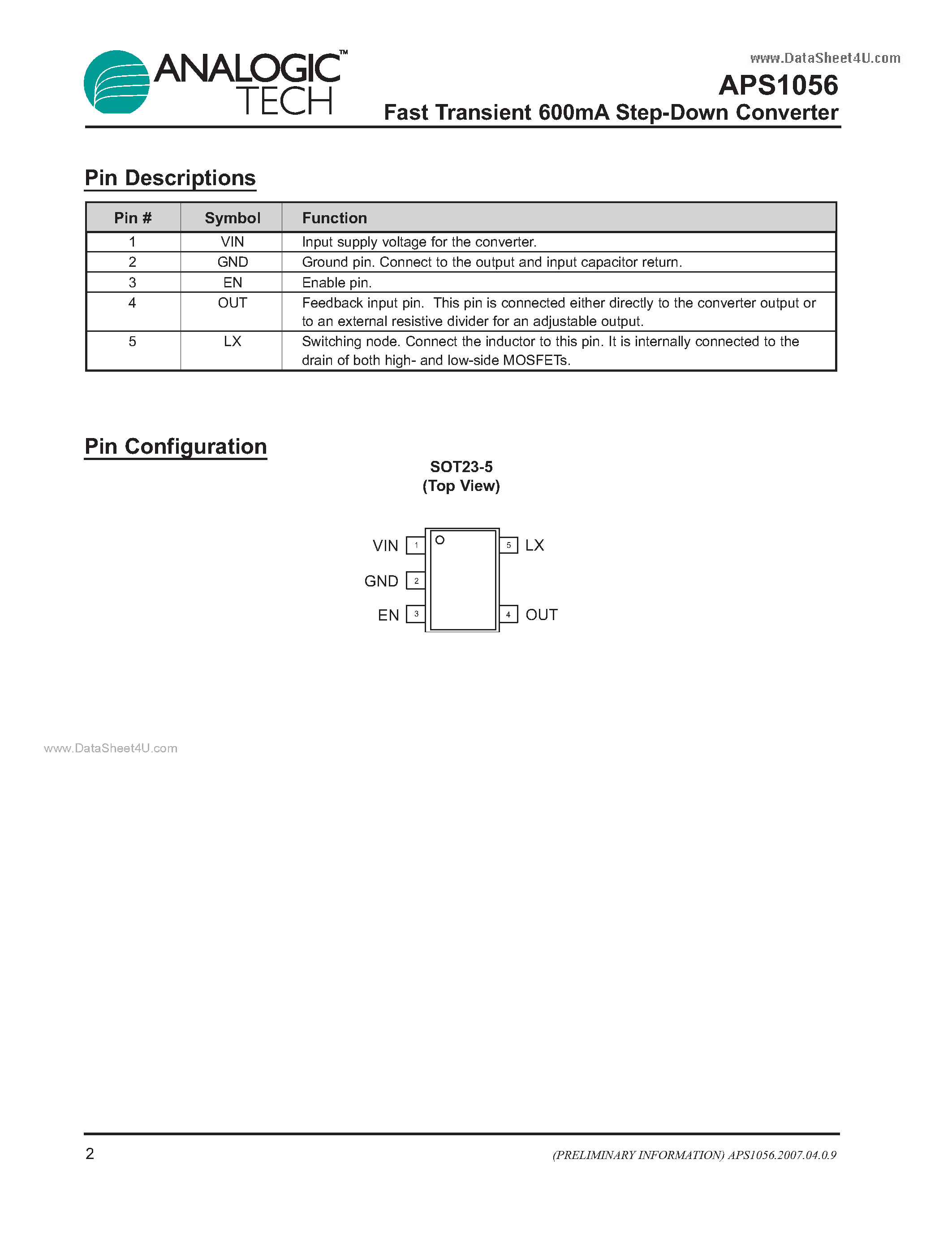 Даташит на микросхему APS1056 страница 2 Даташит APS1056 - Fast Transient 600mA Step-Down Converter страница 2
