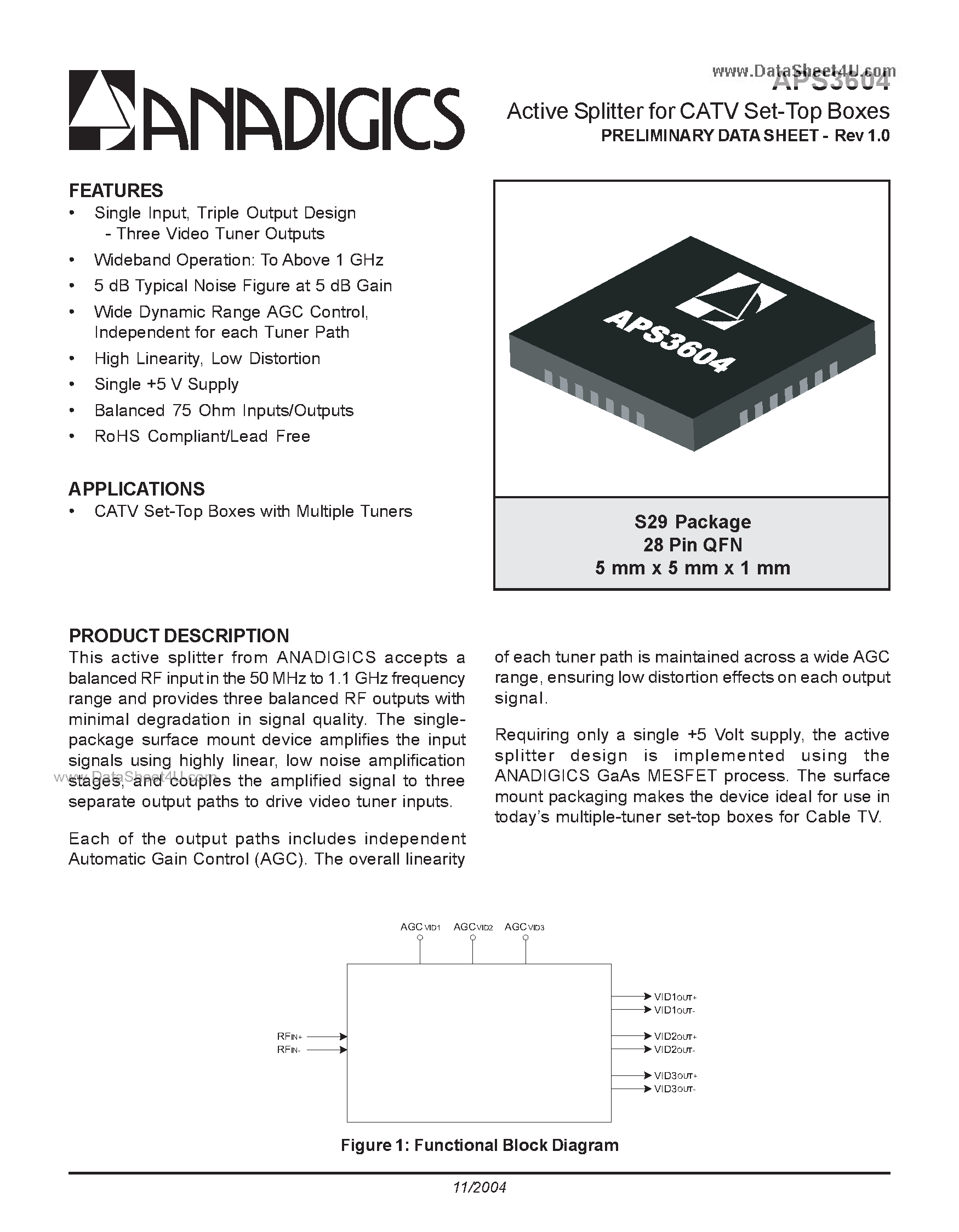 Даташит APS3604 - Active Splitter страница 1
