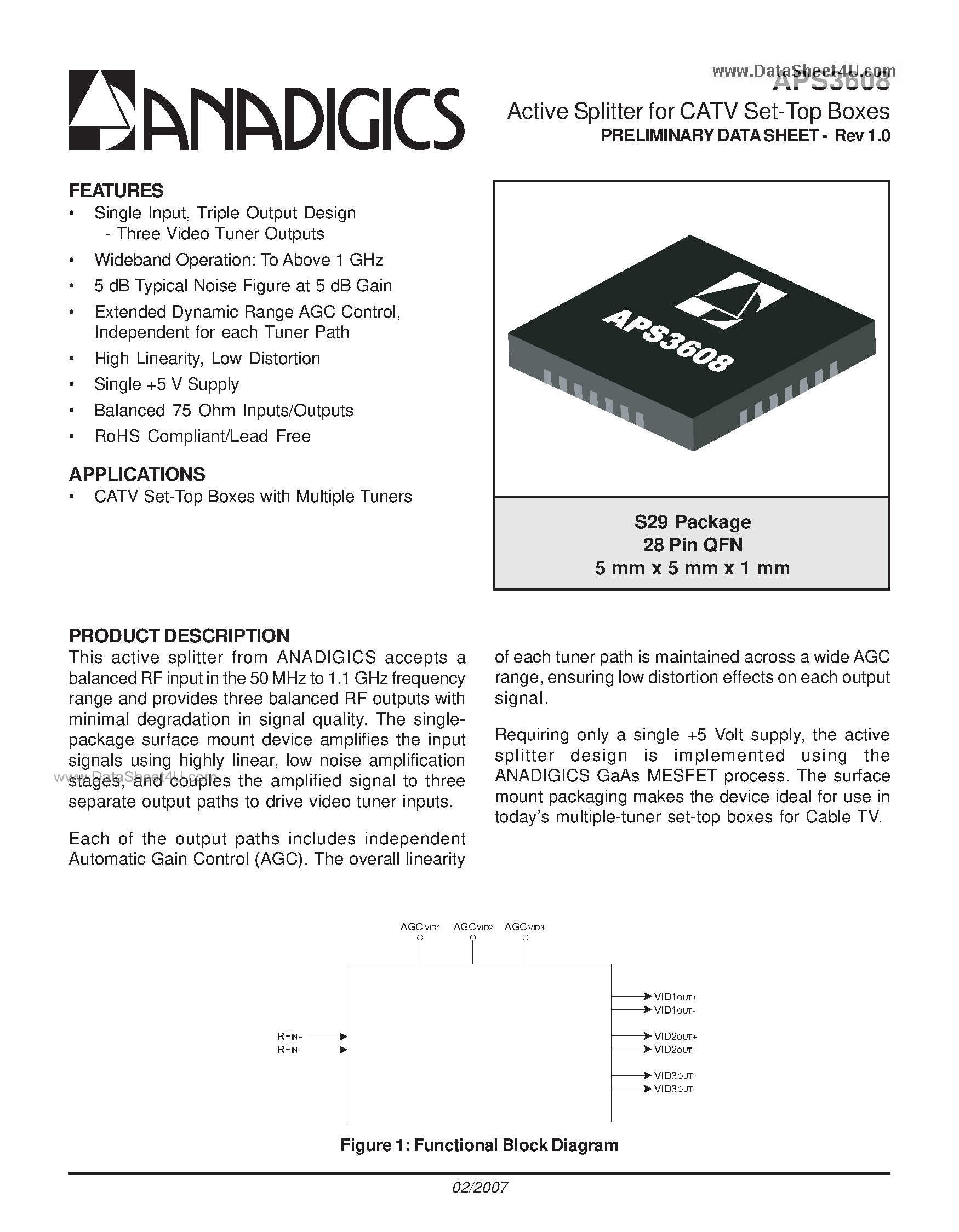 Даташит APS3608 - Active Splitter страница 1