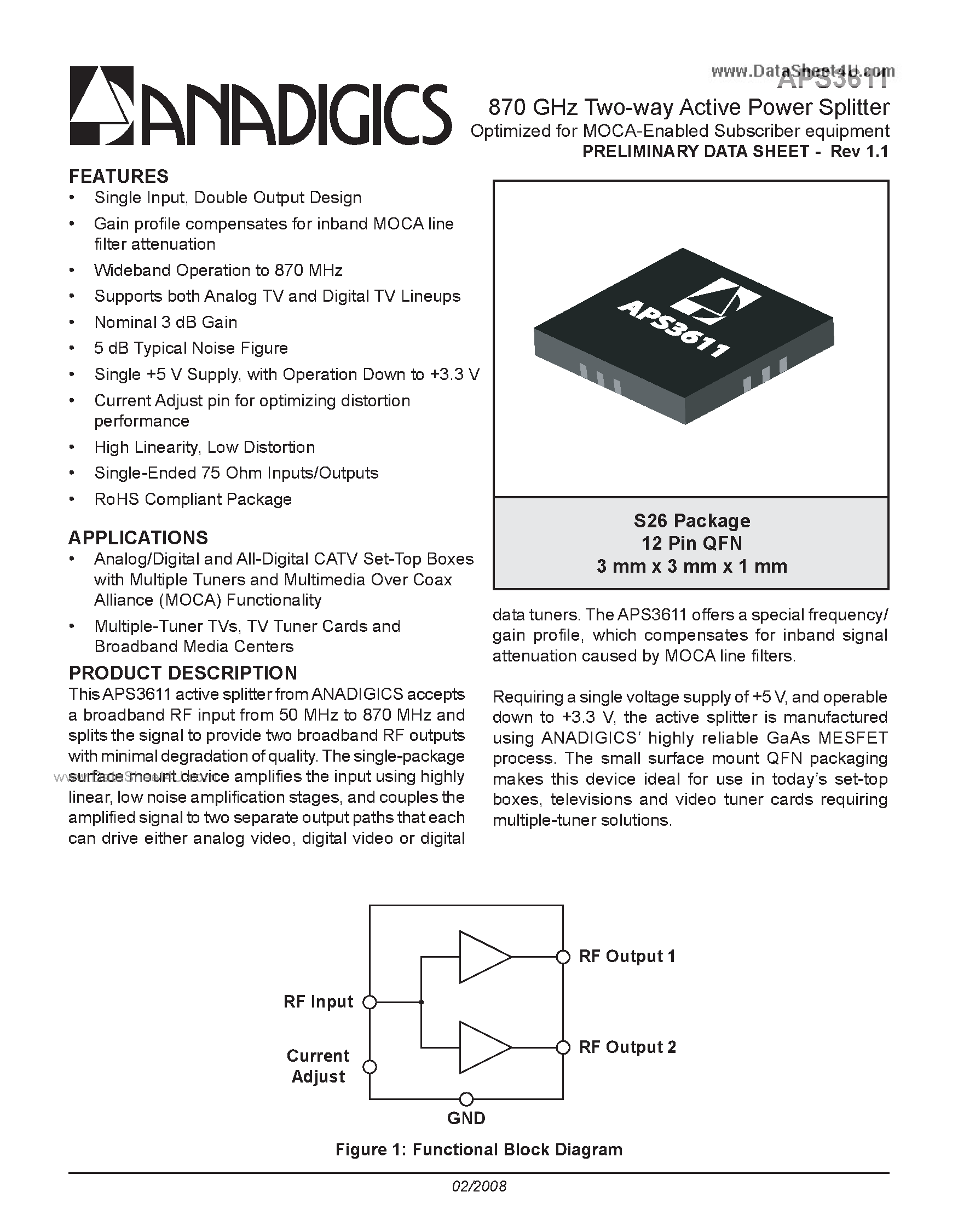 Даташит APS3611 - 870 GHz Two-way Active Power Splitter Optimized страница 1